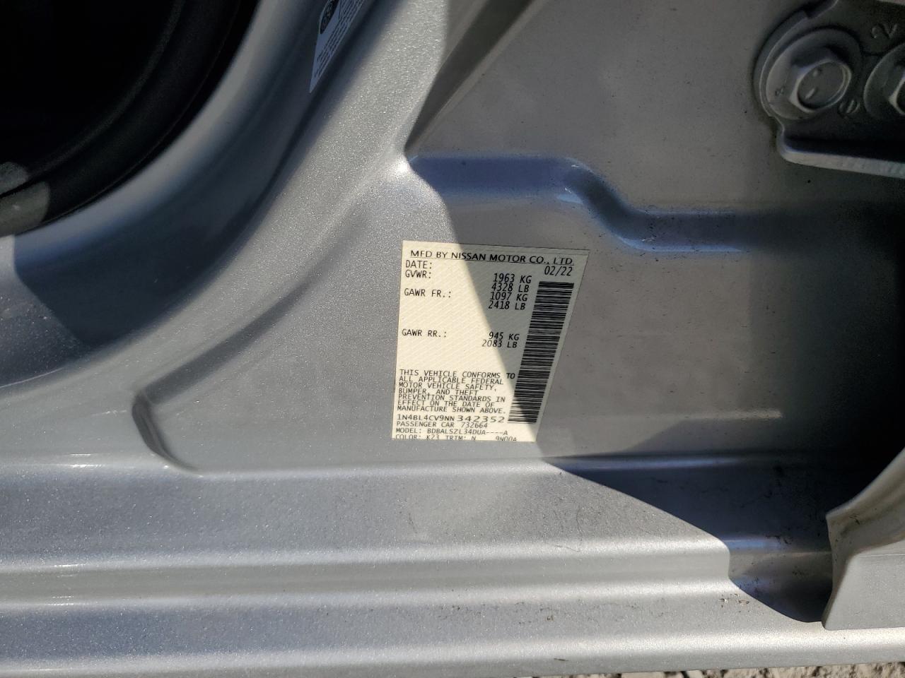 2022 Nissan Altima Sr VIN: 1N4BL4CV9NN342352 Lot: 90860925