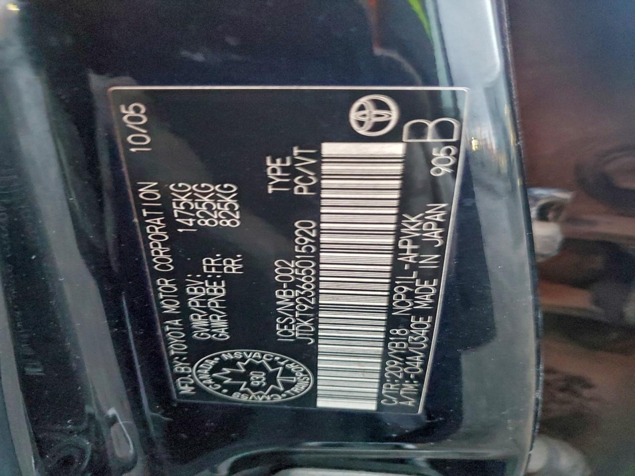 2006 Toyota Yaris VIN: JTDKT923665015920 Lot: 93502015