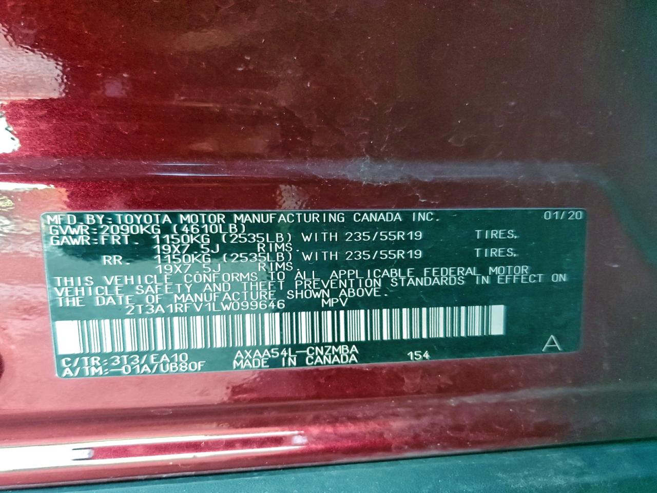 2020 Toyota Rav4 Xle Premium VIN: 2T3A1RFV1LW099646 Lot: 94469955