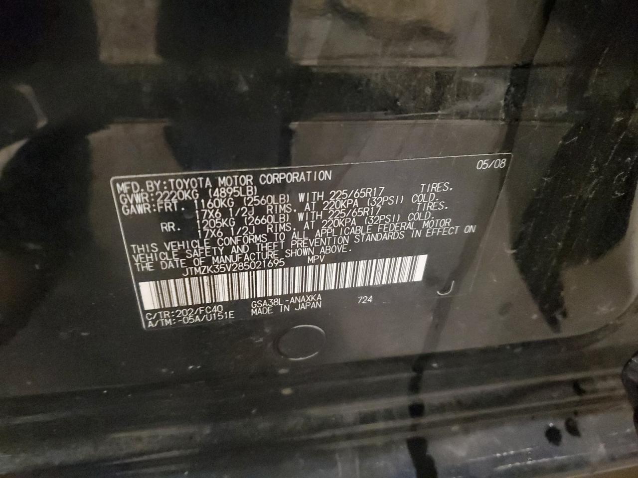 2008 Toyota Rav4 VIN: JTMZK35V285021695 Lot: 93266715