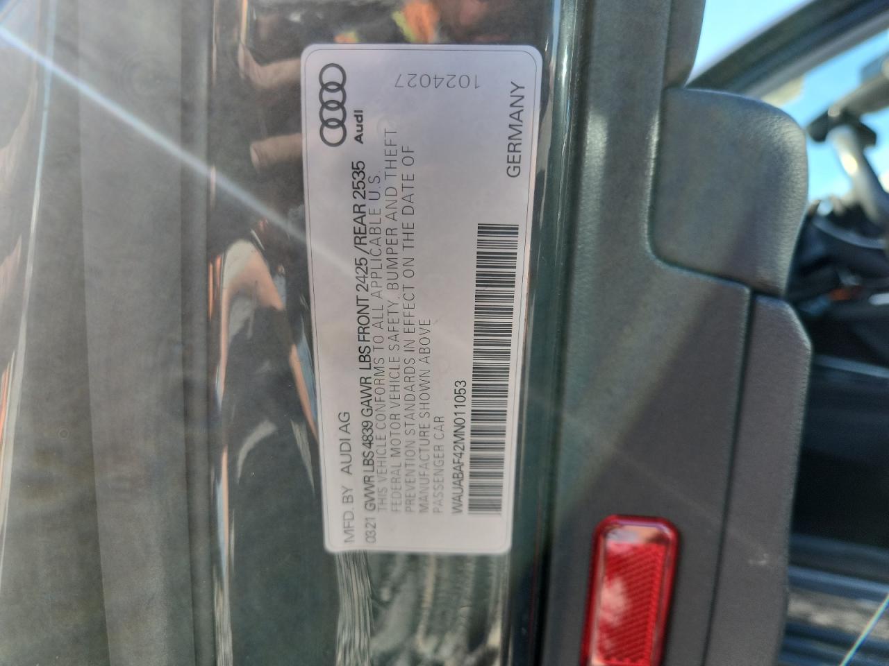 2021 Audi A4 Premium 40 VIN: WAUABAF42MN011053 Lot: 90314075