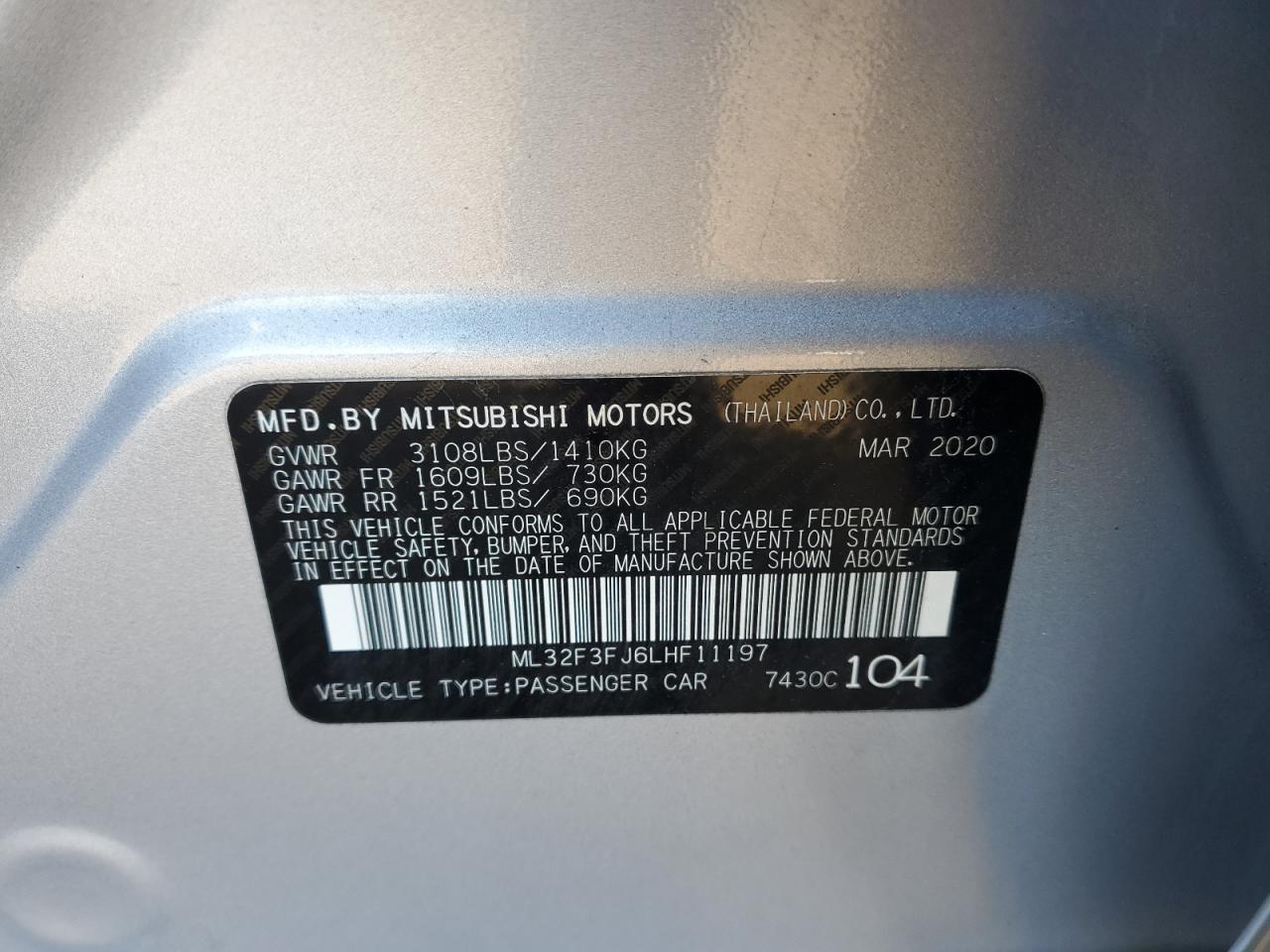 2020 Mitsubishi Mirage G4 Es VIN: ML32F3FJ6LHF11197 Lot: 92939465