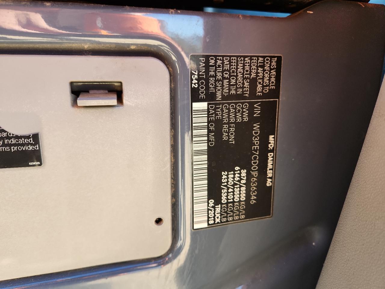 2018 Mercedes Benz Sprinter 2500 Delivery Van VIN: WD3PE7CD0JP636346 Lot: 92024805