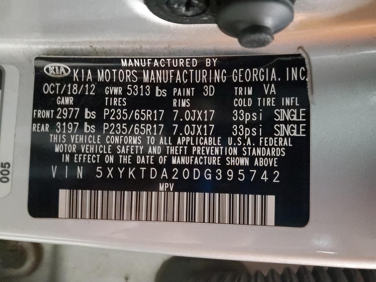 2013 Kia Sorento Lx VIN: 5XYKTDA20DG395742 Lot: 93153725