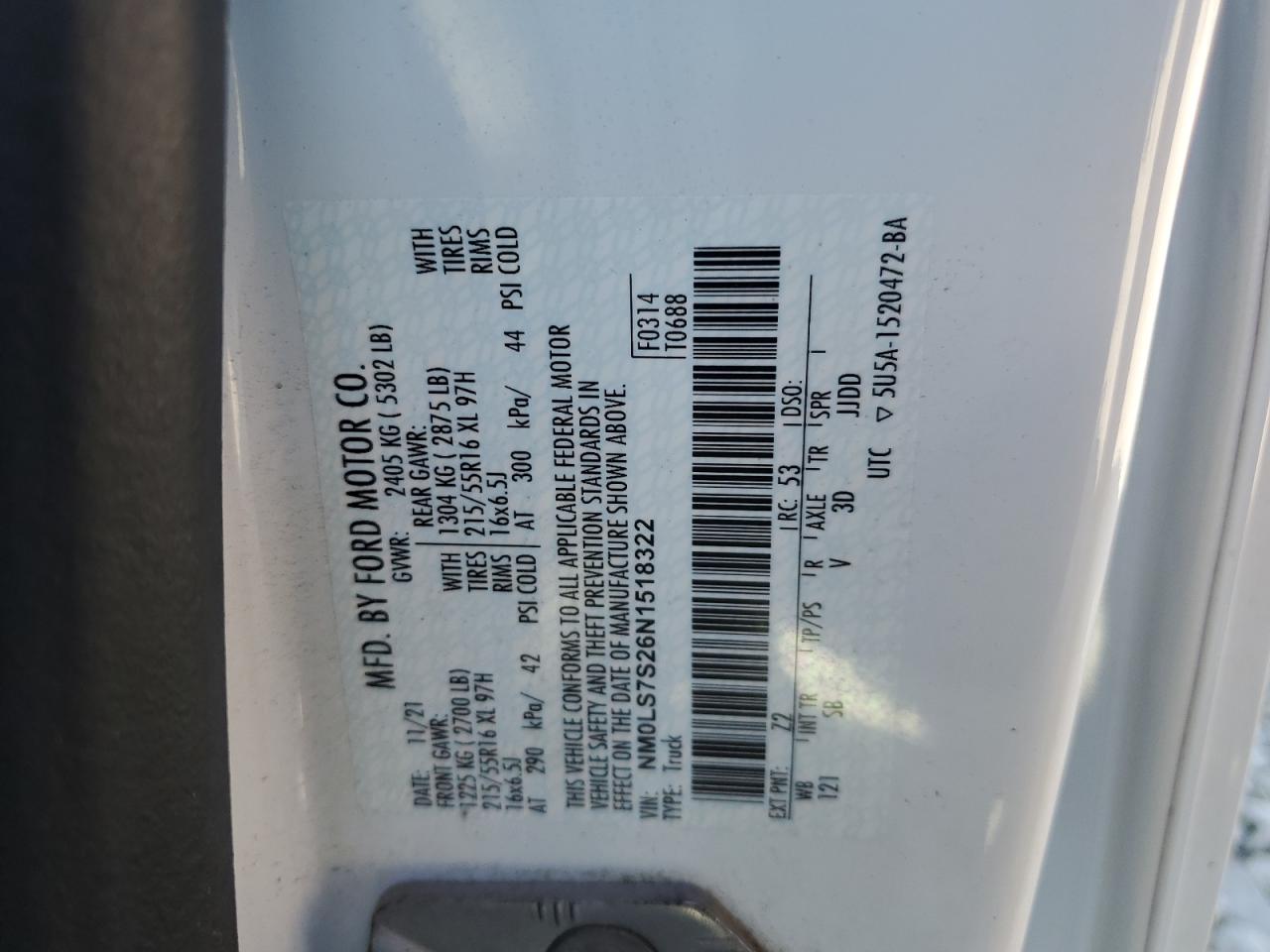 2022 Ford Transit Connect Xl VIN: NM0LS7S26N1518322 Lot: 93307245