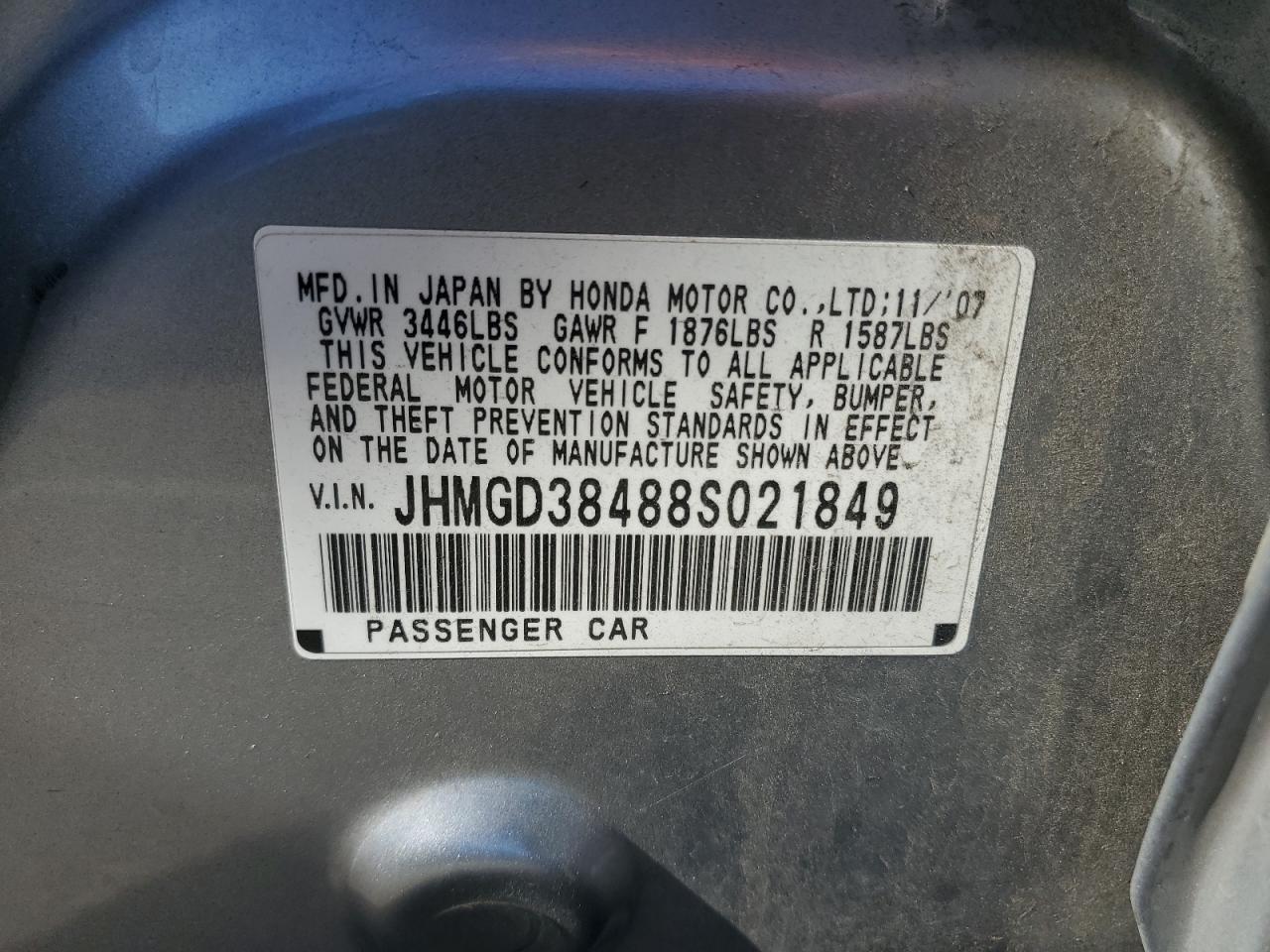 2008 Honda Fit VIN: JHMGD38488S021849 Lot: 92261025