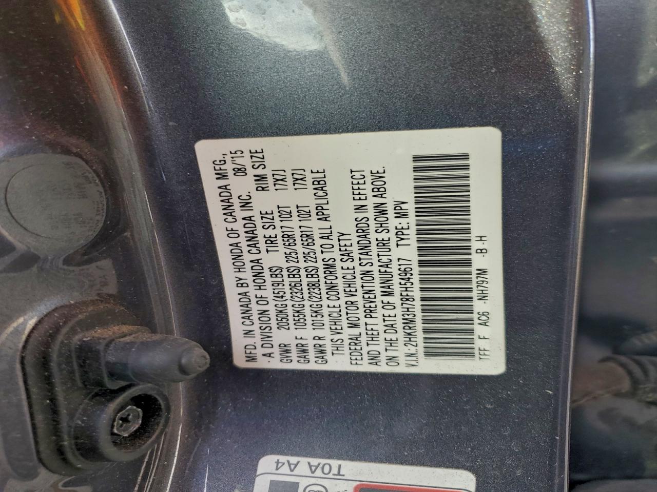 2015 Honda Cr-V Exl VIN: 2HKRM3H78FH549617 Lot: 94520485