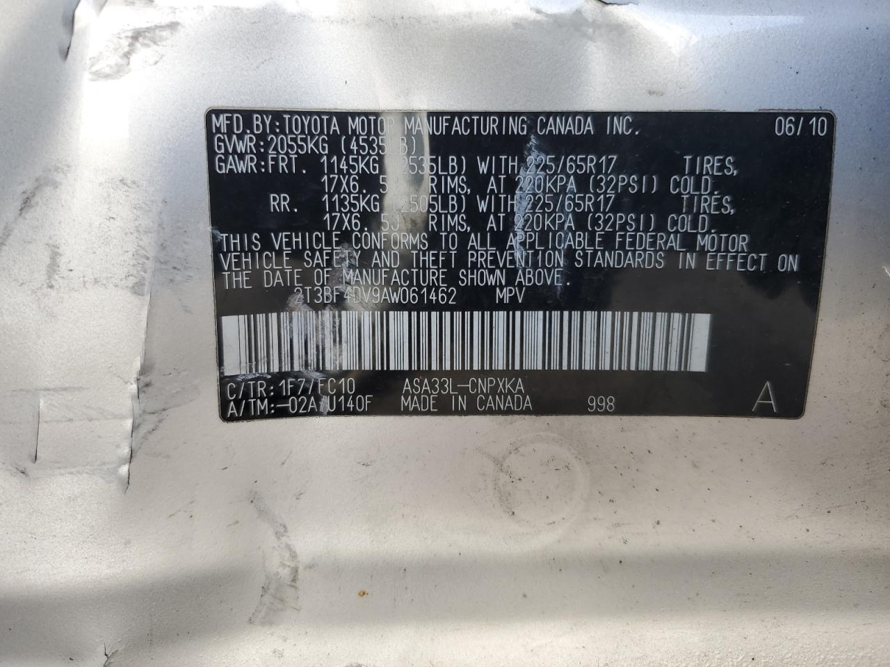 2010 Toyota Rav4 VIN: 2T3BF4DV9AW061462 Lot: 92629775