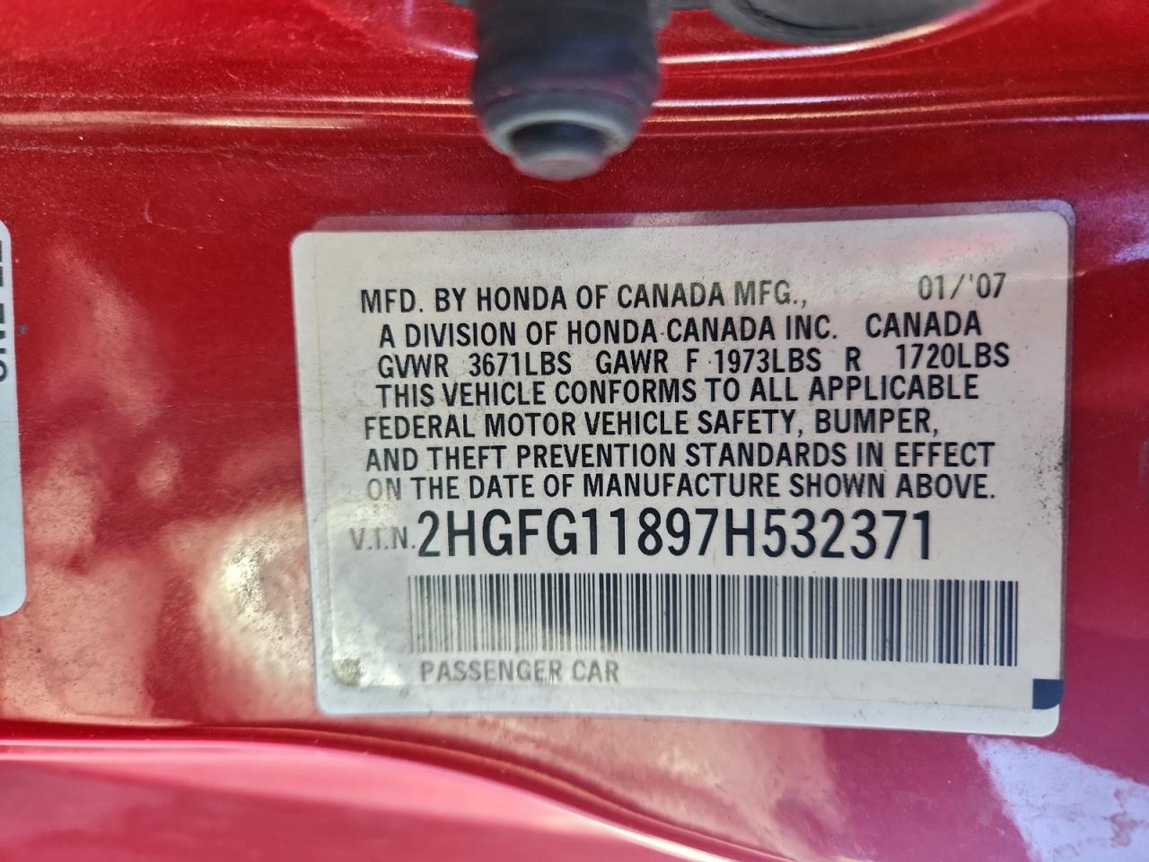 2007 Honda Civic Ex VIN: 2HGFG11897H532371 Lot: 93756525