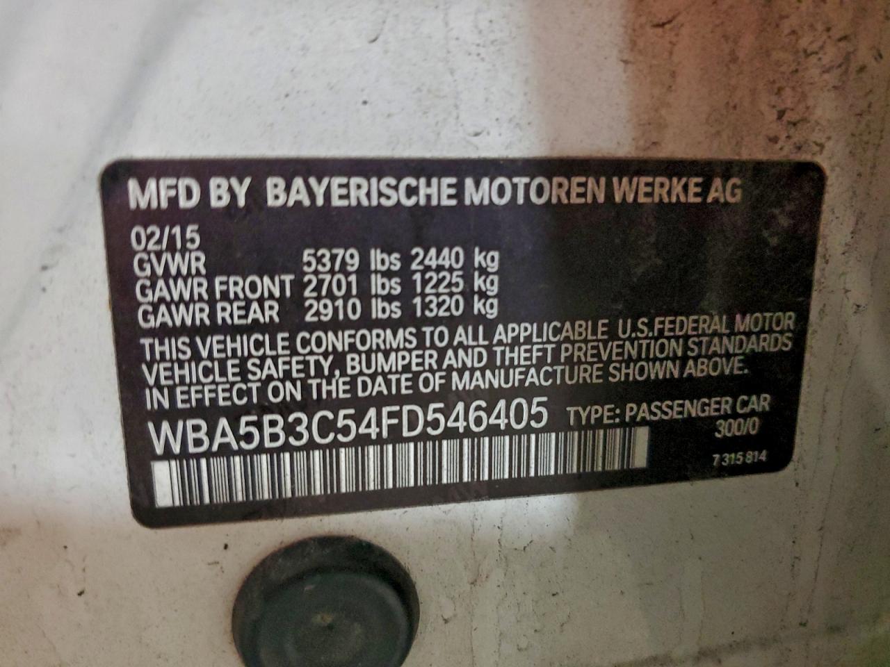 2015 BMW 535 Xi VIN: WBA5B3C54FD546405 Lot: 94648985