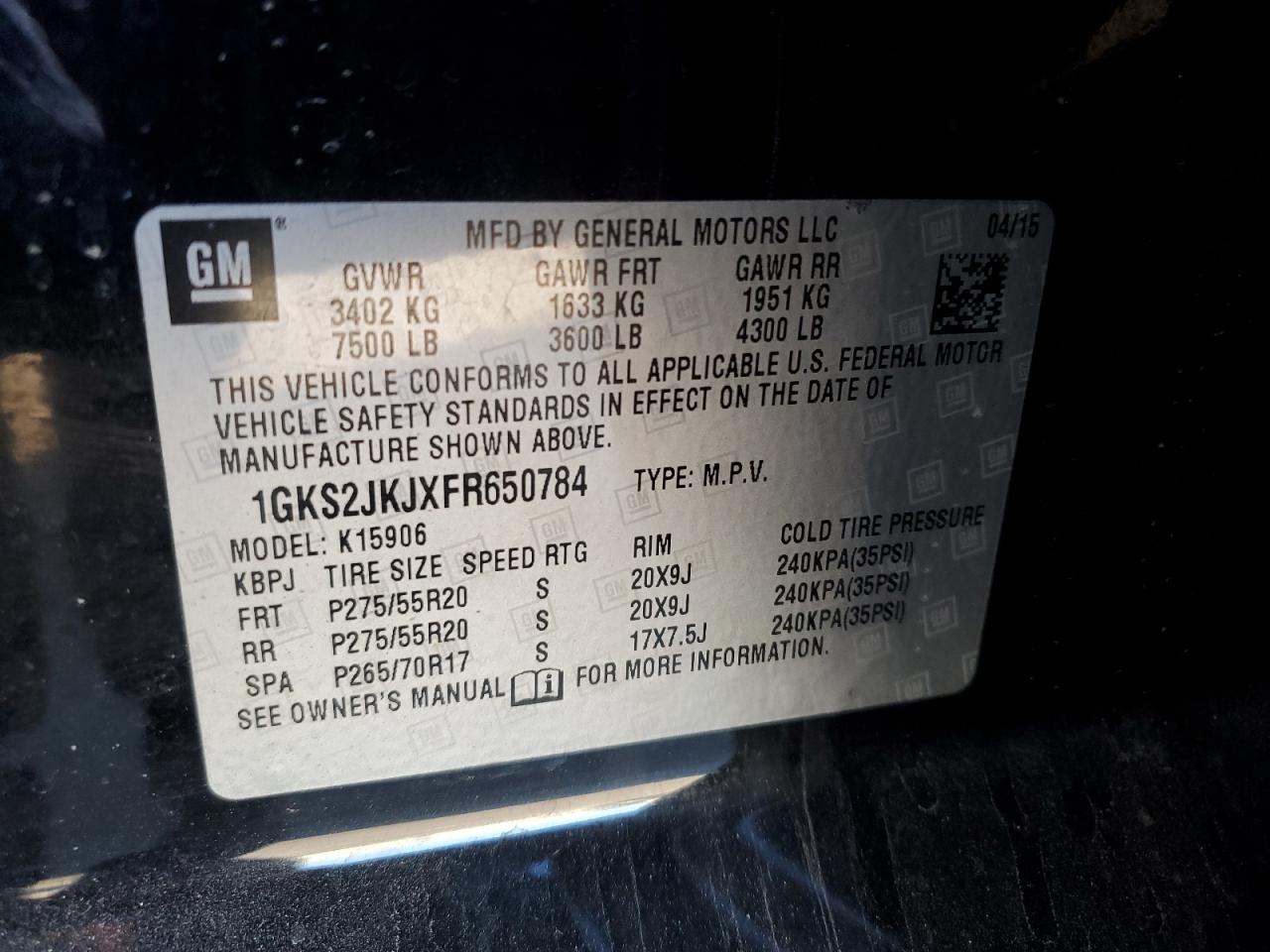 2015 GMC Yukon Xl Denali VIN: 1GKS2JKJXFR650784 Lot: 93260975