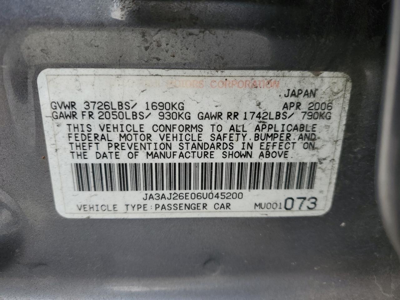 2006 Mitsubishi Lancer Es VIN: JA3AJ26E06U045200 Lot: 92698565