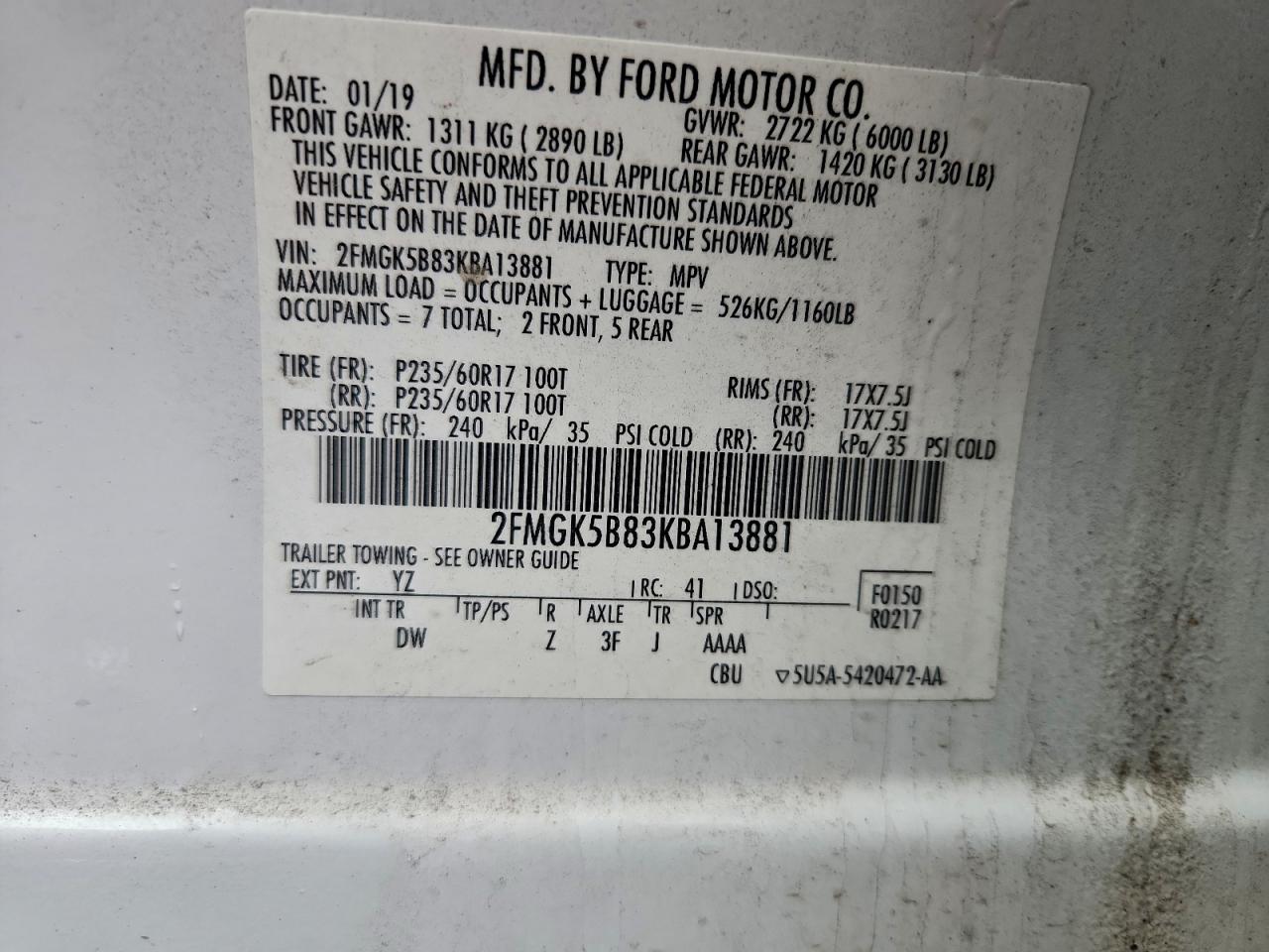 2019 Ford Flex Se VIN: 2FMGK5B83KBA13881 Lot: 93282155