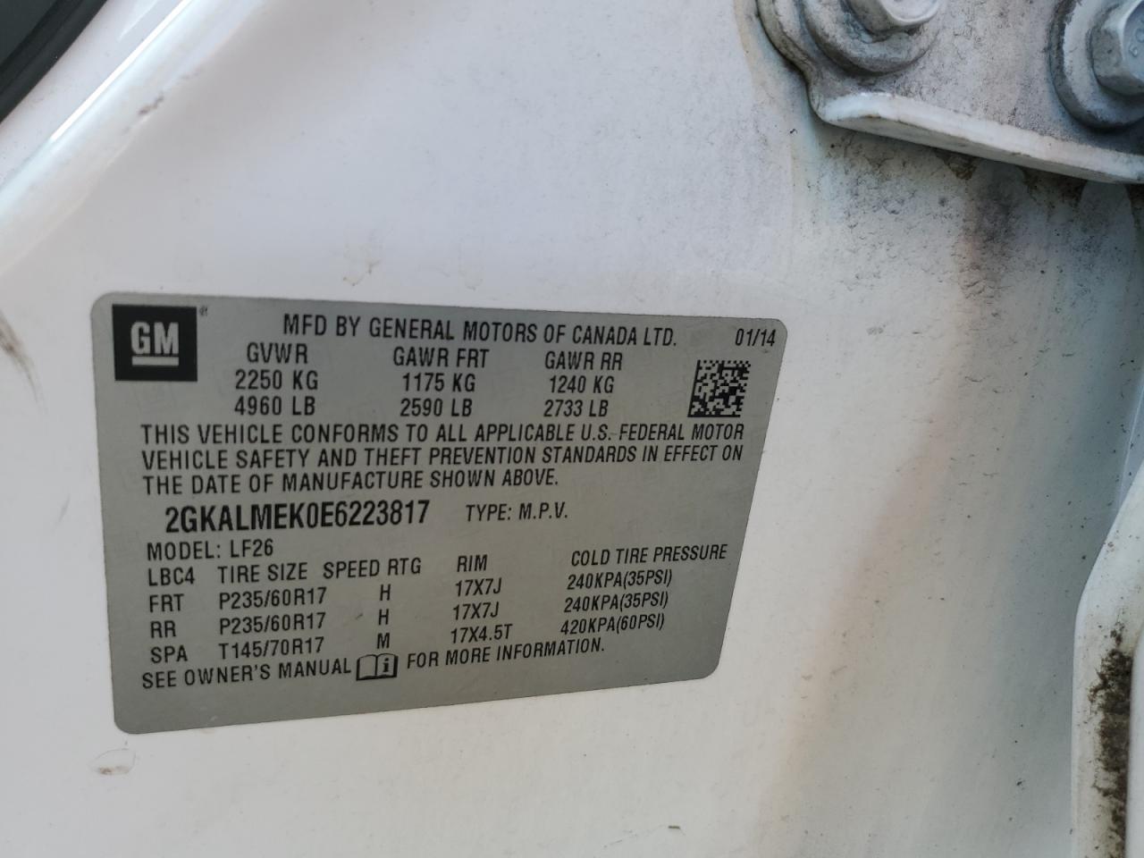 2014 GMC Terrain Sle VIN: 2GKALMEK0E6223817 Lot: 92618655