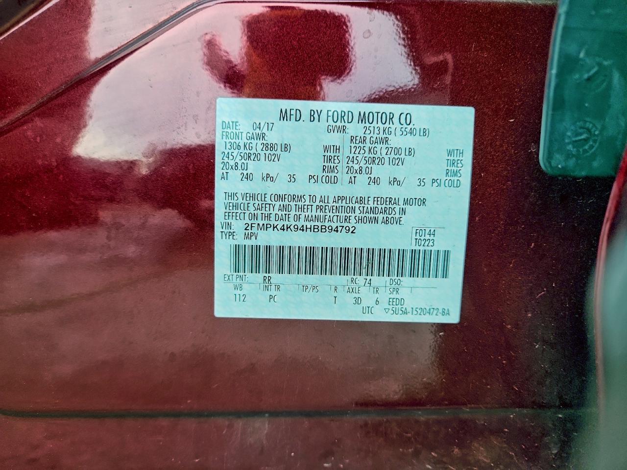 2017 Ford Edge Titanium VIN: 2FMPK4K94HBB94792 Lot: 93054555