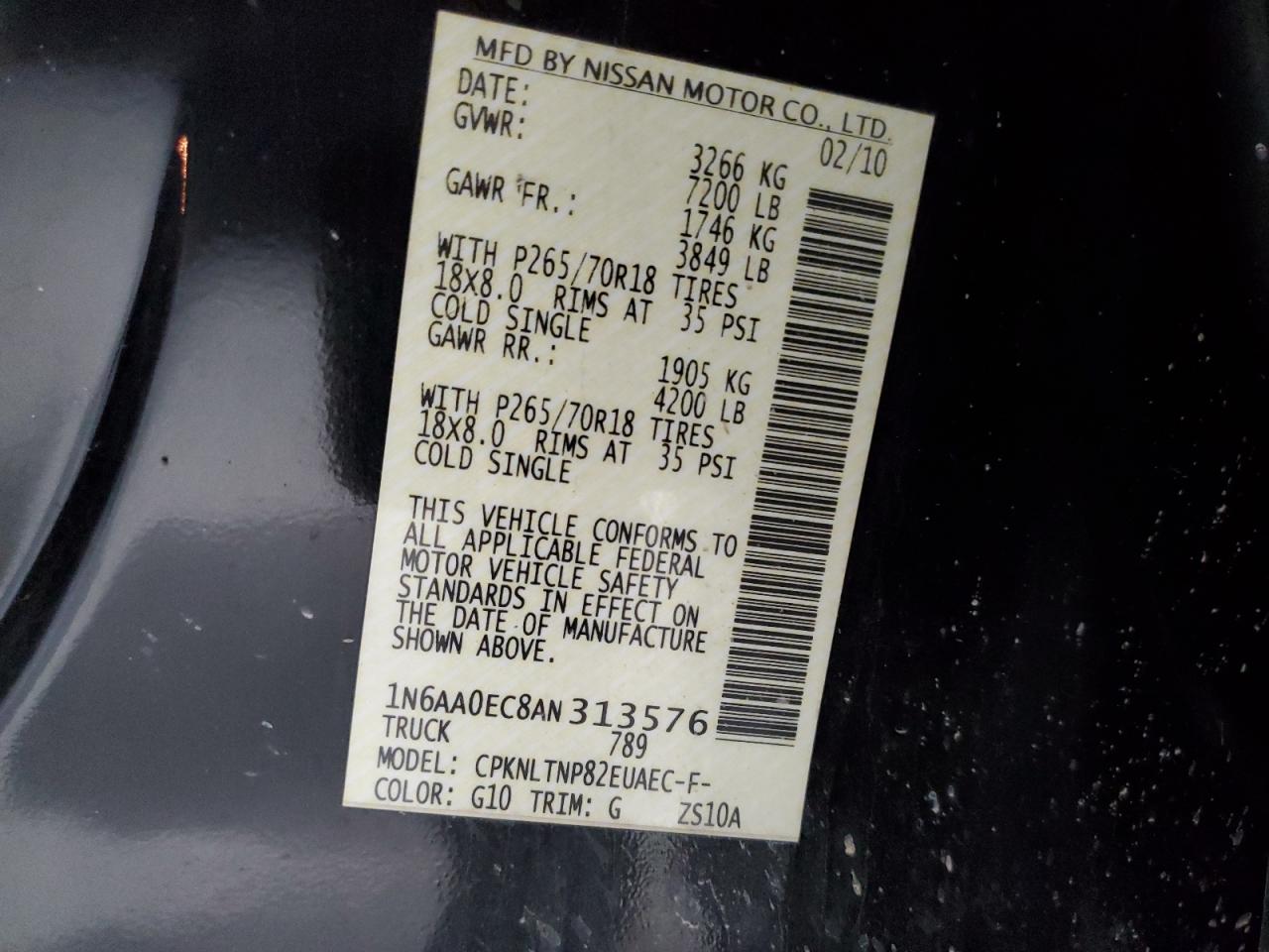 2010 Nissan Titan Xe VIN: 1N6AA0EC8AN313576 Lot: 92225975