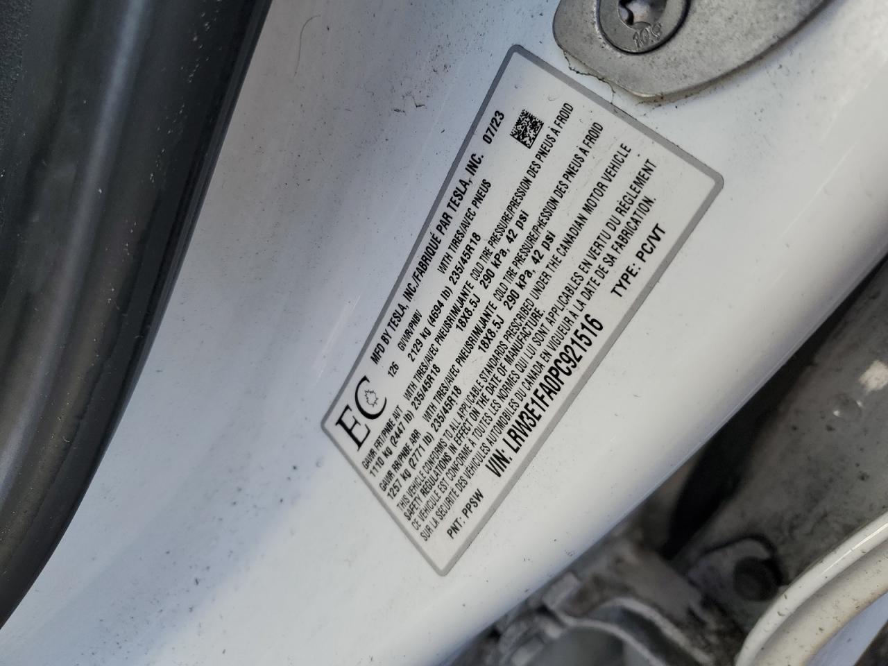 2023 Tesla Model 3 VIN: LRW3E1FA0PC921516 Lot: 92906455