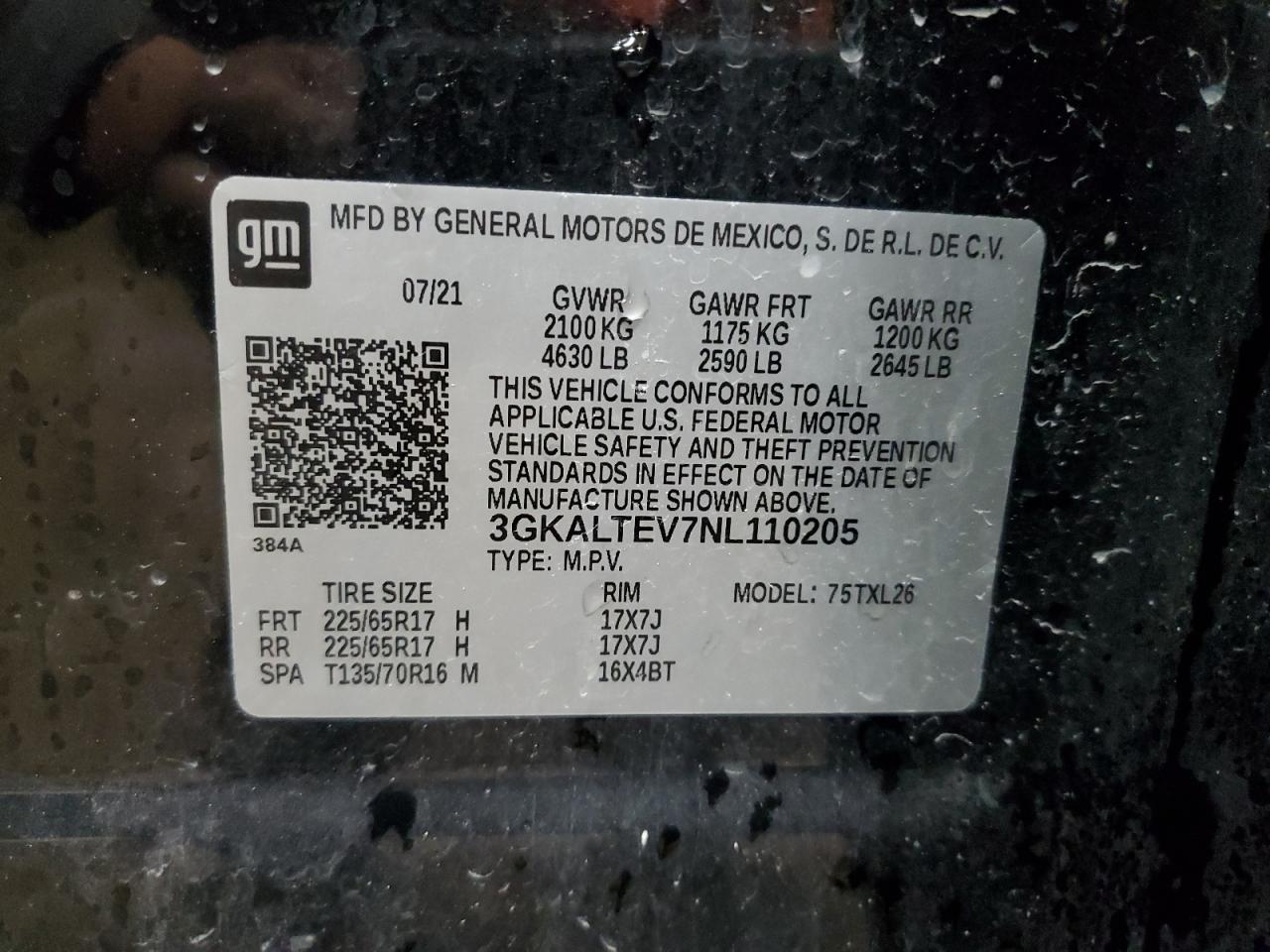 2022 GMC Terrain Sle VIN: 3GKALTEV7NL110205 Lot: 93025985