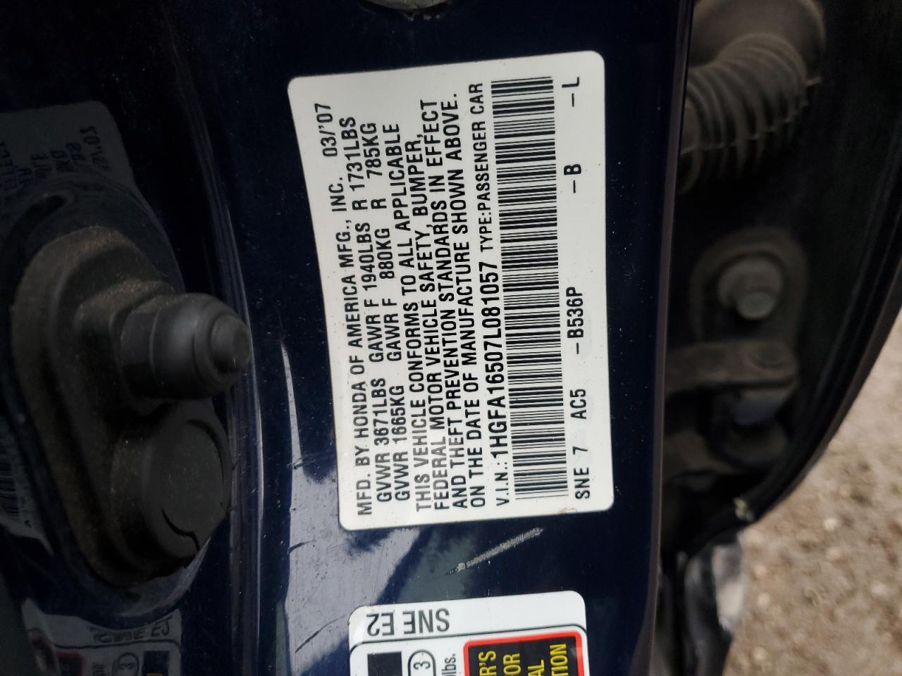 2007 Honda Civic Lx VIN: 1HGFA16507L081057 Lot: 93085385