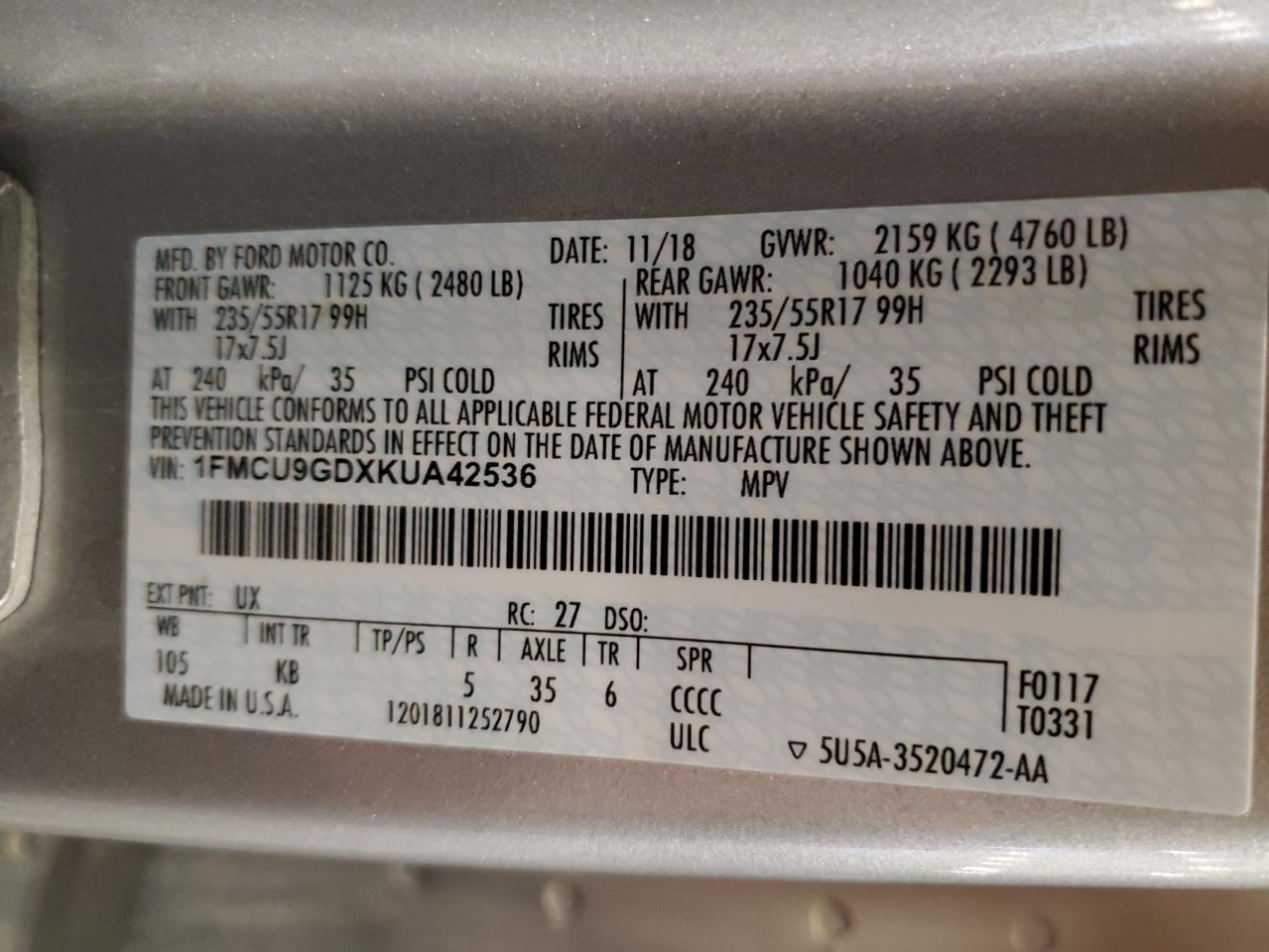 2019 Ford Escape Se VIN: 1FMCU9GDXKUA42536 Lot: 91362665