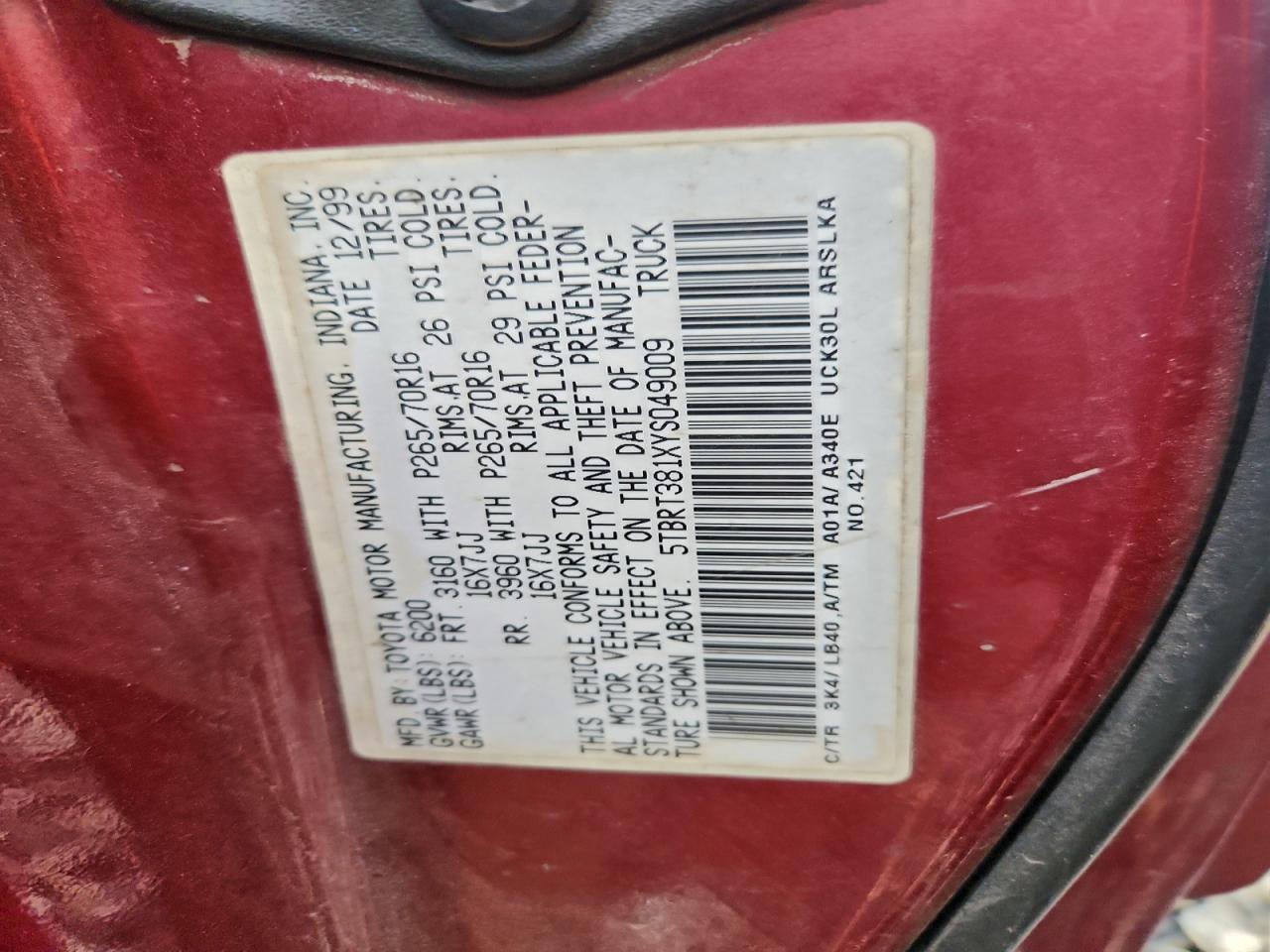 2000 Toyota Tundra Access Cab Limited VIN: 5TBRT381XYS049009 Lot: 93269005