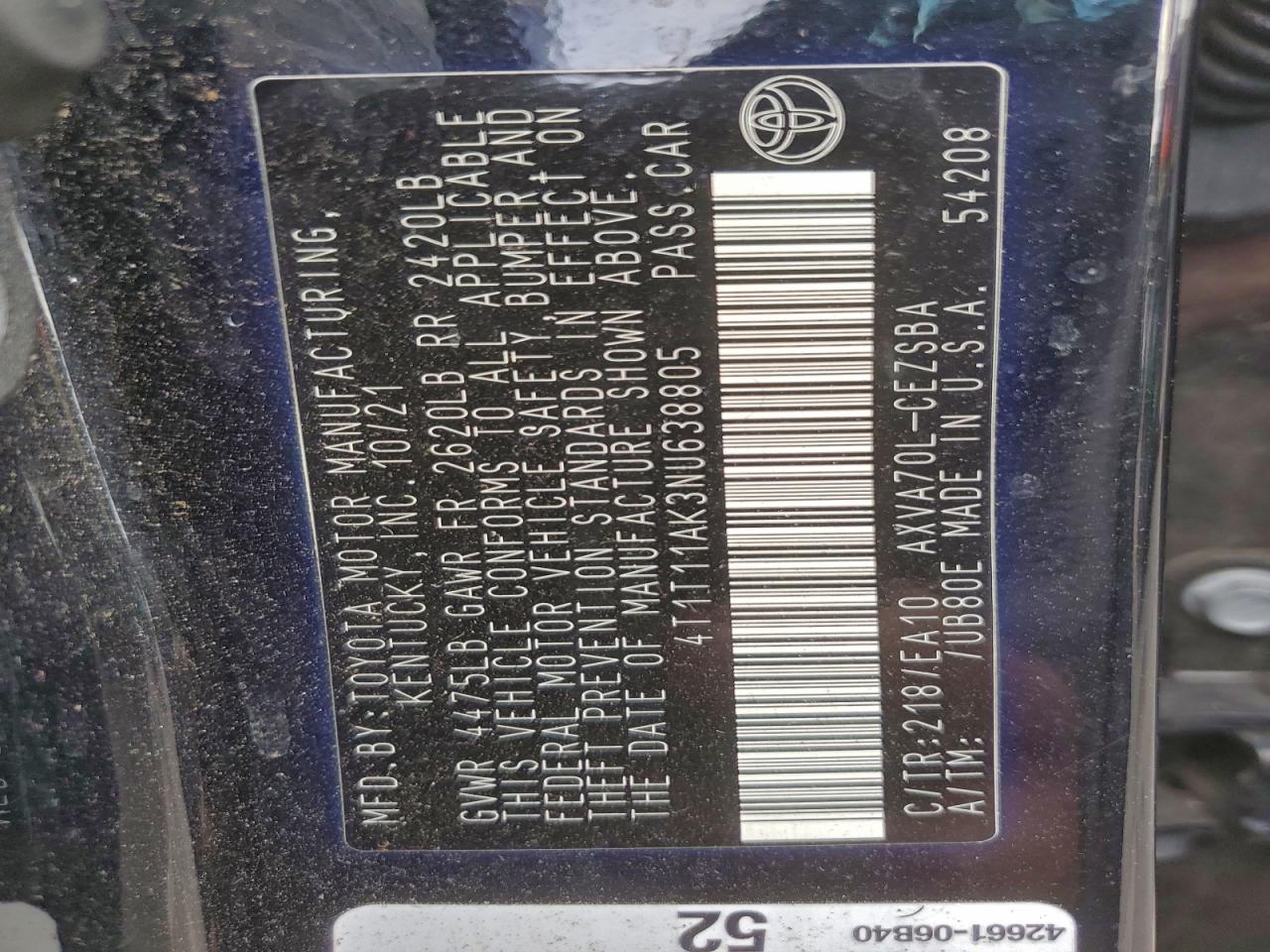 2022 Toyota Camry Se VIN: 4T1T11AK3NU638805 Lot: 94506715