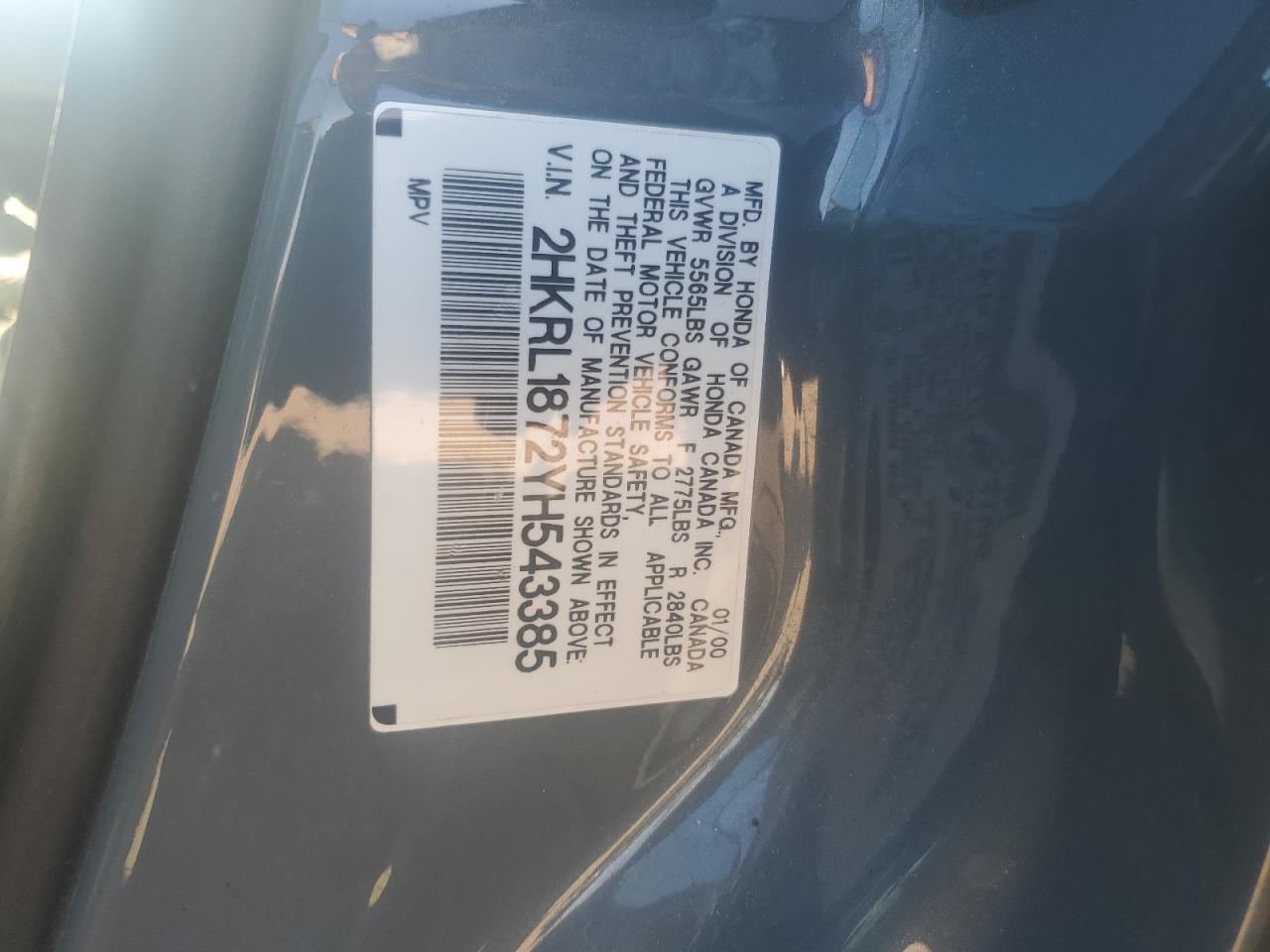 2000 Honda Odyssey Ex VIN: 2HKRL1872YH543385 Lot: 90801885