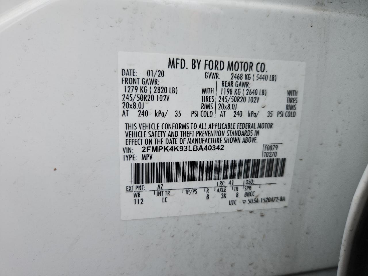 2020 Ford Edge Titanium VIN: 2FMPK4K93LBA40342 Lot: 92239165