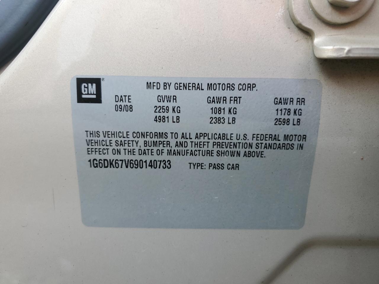 2009 Cadillac Sts VIN: 1G6DK67V690140733 Lot: 91818665