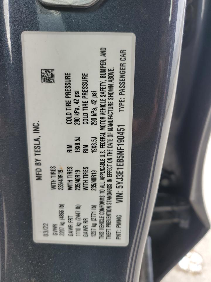 2022 Tesla Model 3 VIN: 5YJ3E1EB5NF190451 Lot: 92017725