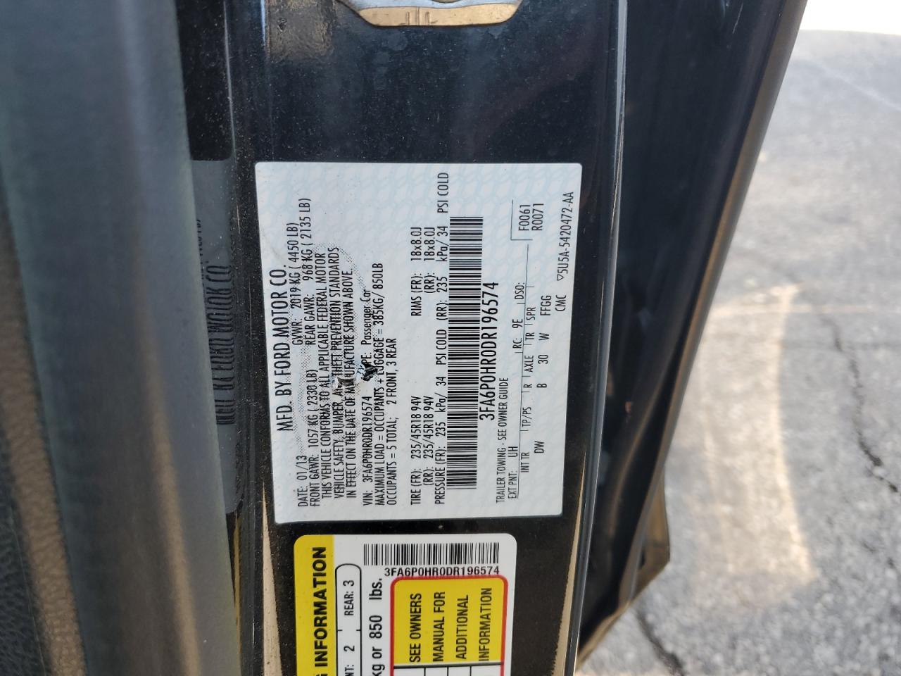 2013 Ford Fusion Se VIN: 3FA6P0HR0DR196574 Lot: 91914035