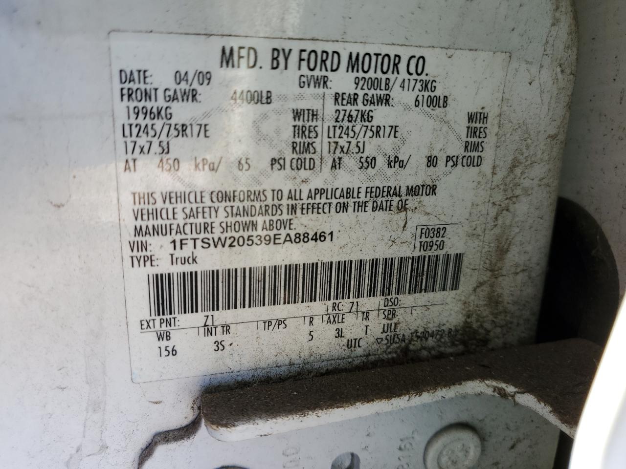 2009 Ford F250 Super Duty VIN: 1FTSW20539EA88461 Lot: 92435275