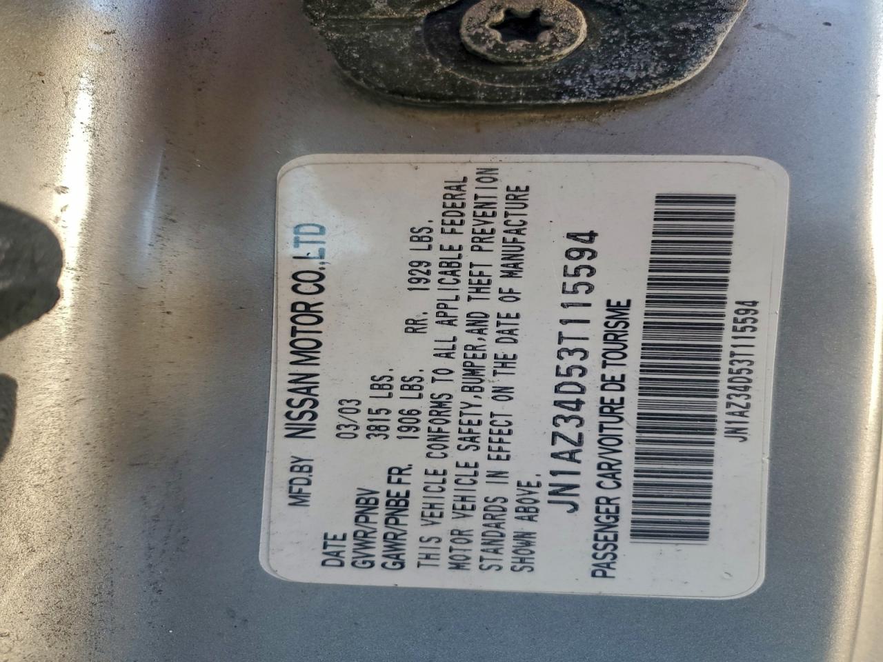 2003 Nissan 350Z Coupe VIN: JN1AZ34D53T115594 Lot: 93680835