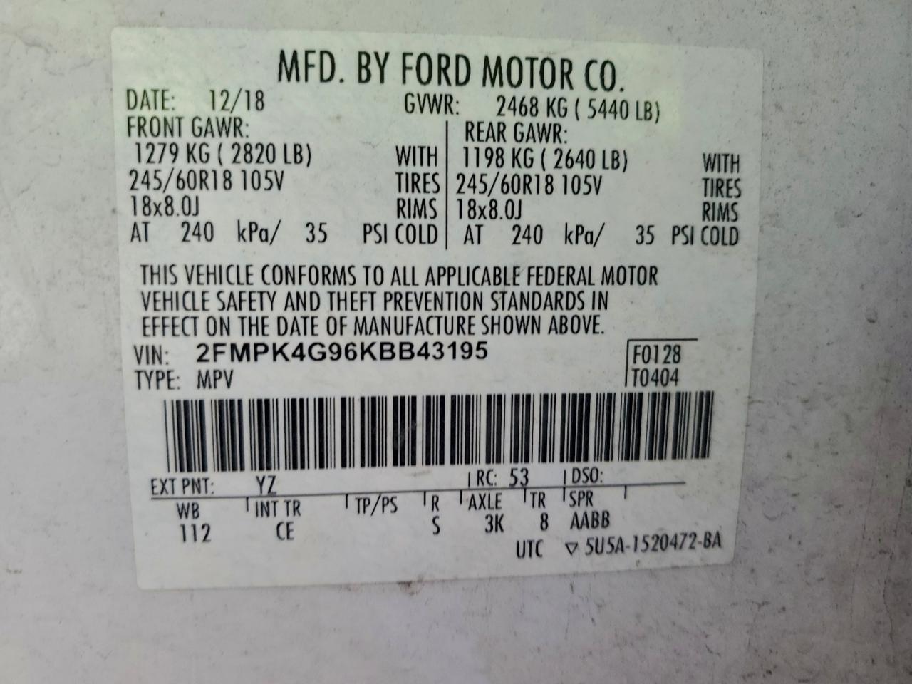 2019 Ford Edge Se VIN: 2FMPK4G96KBB43195 Lot: 82170275