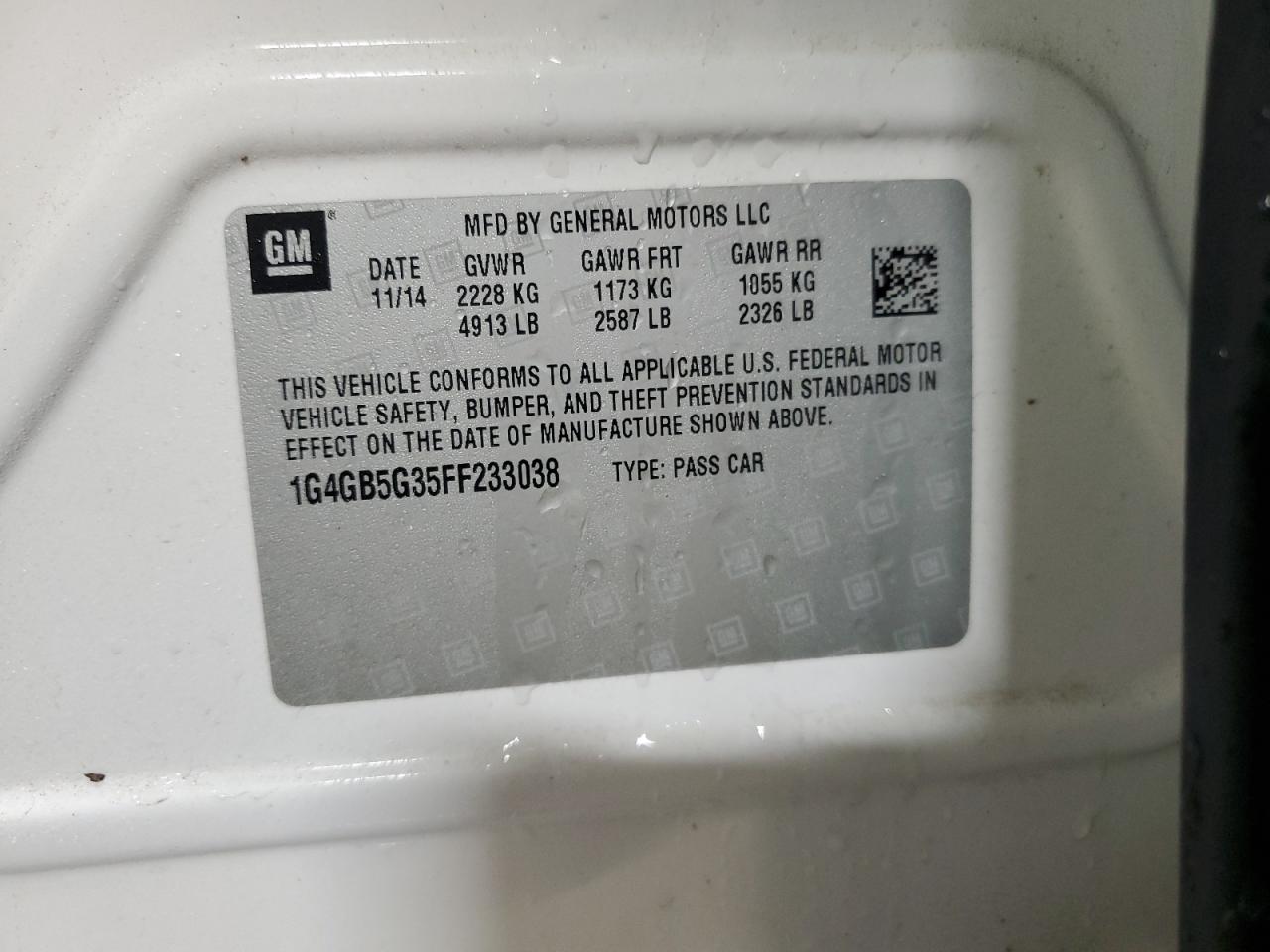 2015 Buick Lacrosse VIN: 1G4GB5G35FF233038 Lot: 92706645