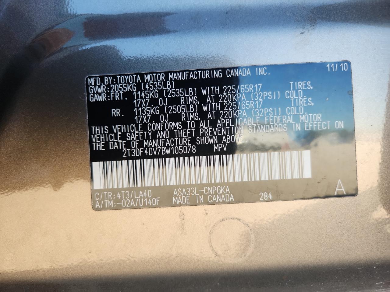 2011 Toyota Rav4 Limited VIN: 2T3DF4DV7BW105078 Lot: 93435075