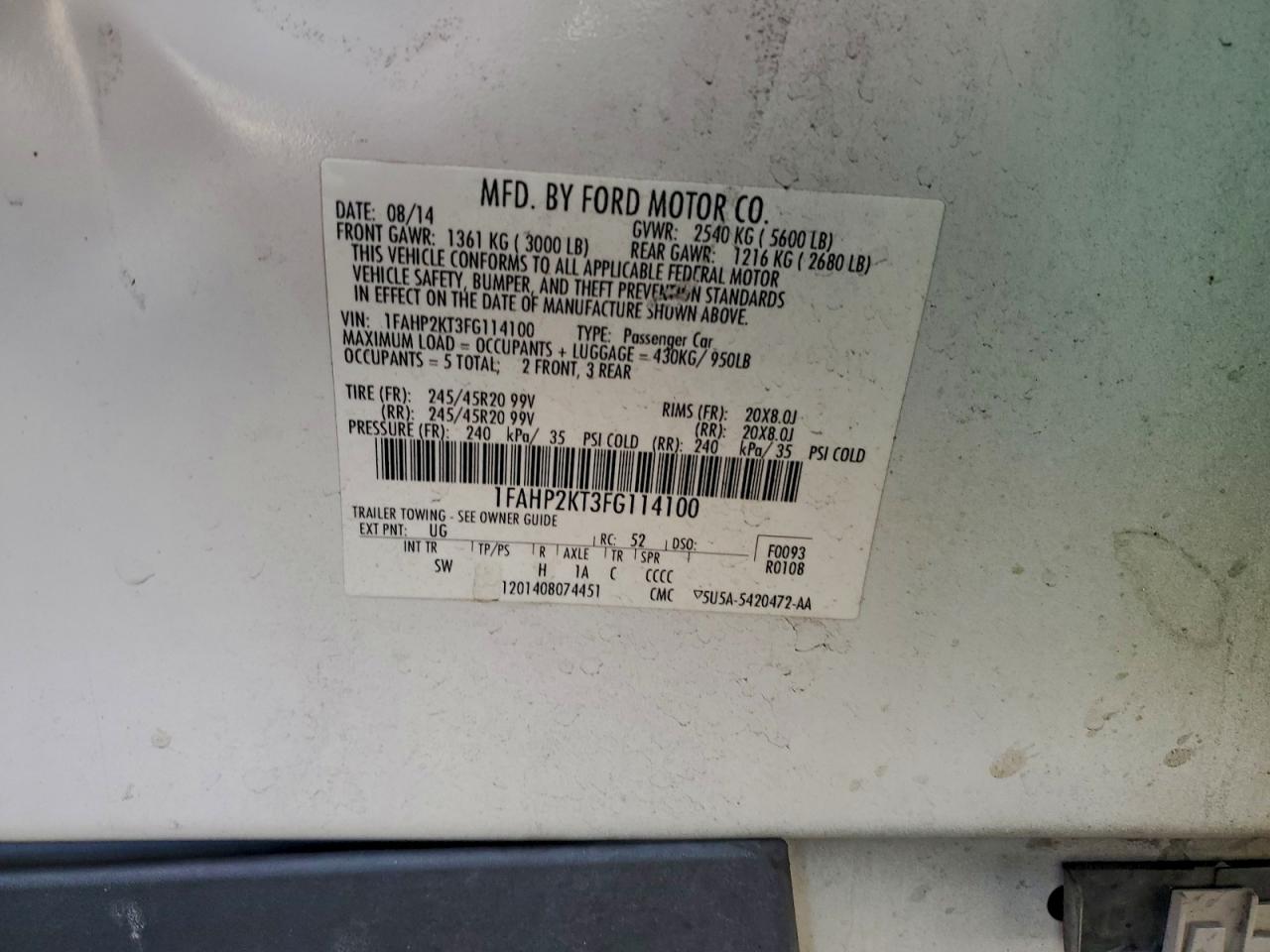 2015 Ford Taurus Sho VIN: 1FAHP2KT3FG114100 Lot: 91615195