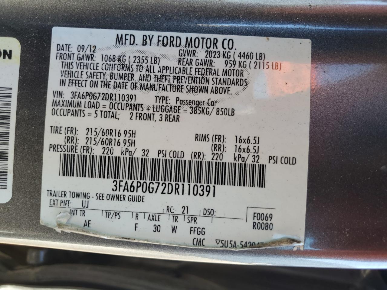 2013 Ford Fusion S VIN: 3FA6P0G72DR110391 Lot: 91511515