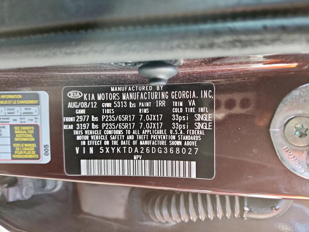 2013 Kia Sorento Lx VIN: 5XYKTDA26DG368027 Lot: 93560615