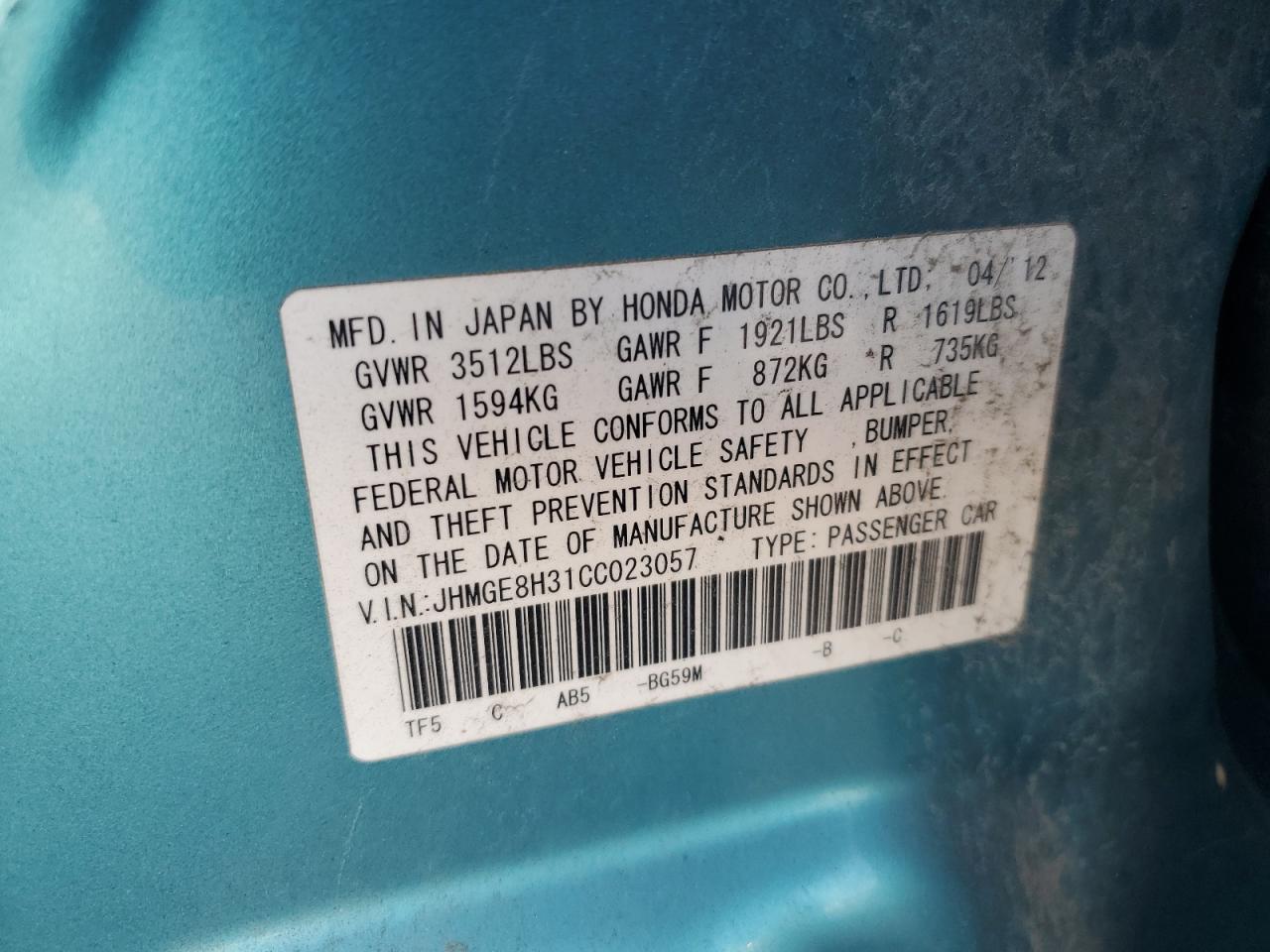 2012 Honda Fit VIN: JHMGE8H31CC023057 Lot: 92608465