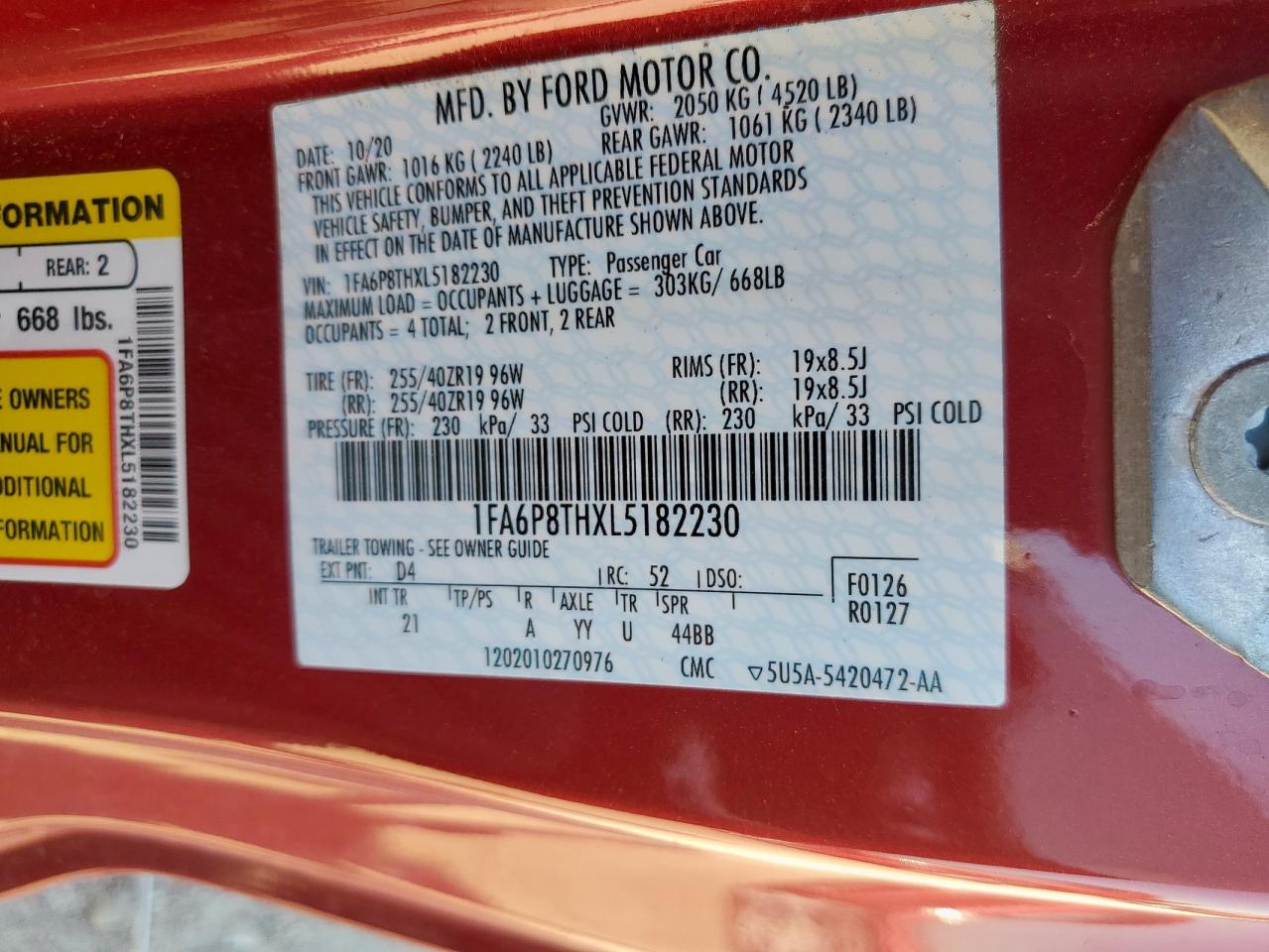 2020 Ford Mustang VIN: 1FA6P8THXL5182230 Lot: 90401835