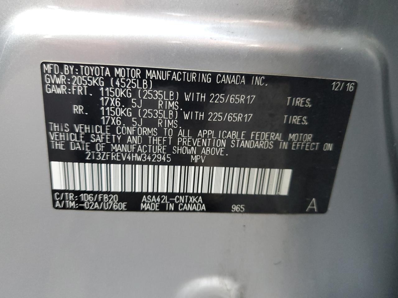 2017 Toyota Rav4 Le VIN: 2T3ZFREV4HW342945 Lot: 85431185