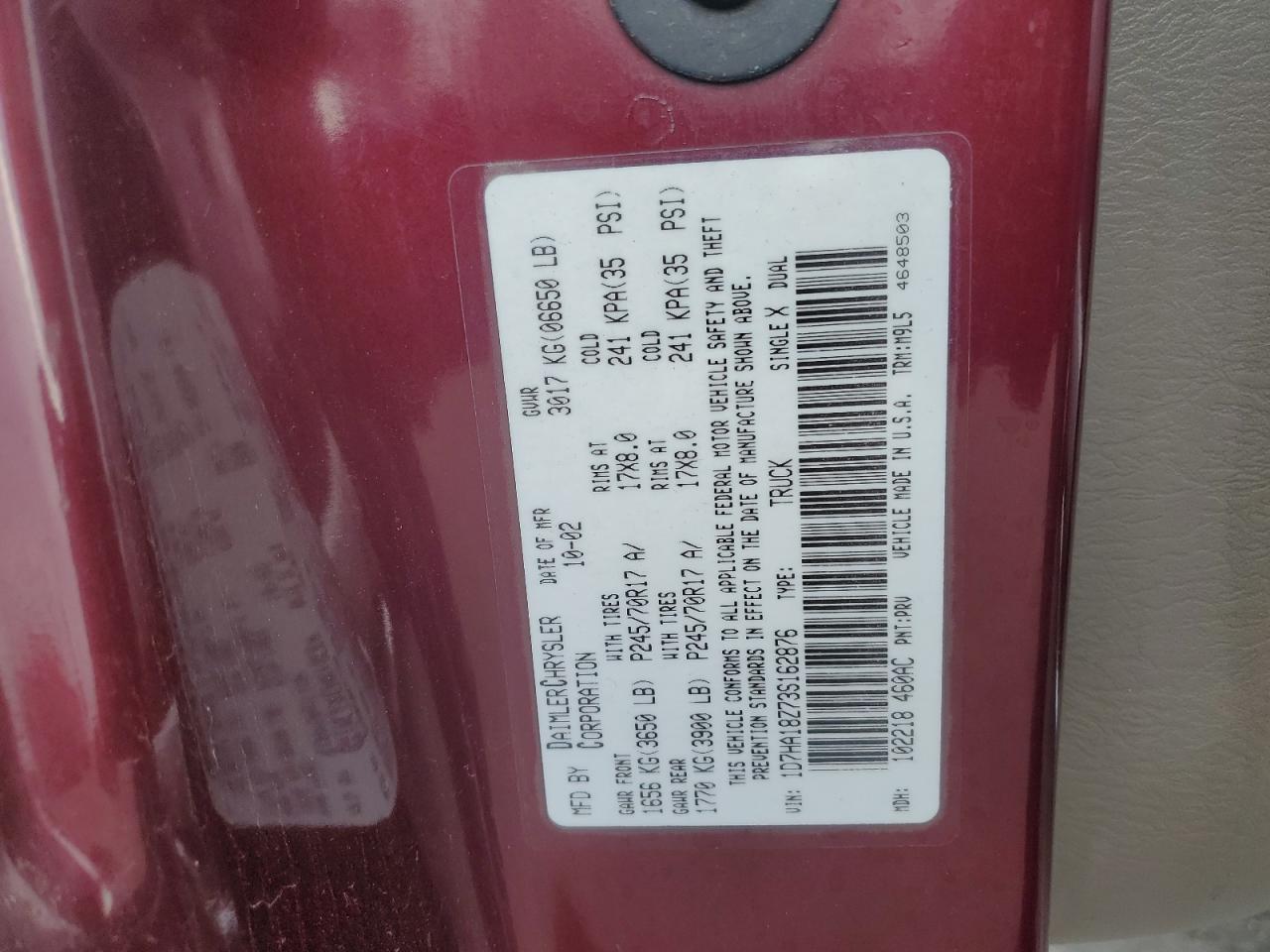 2003 Dodge Ram 1500 St VIN: 1D7HA18Z73S162876 Lot: 91180515