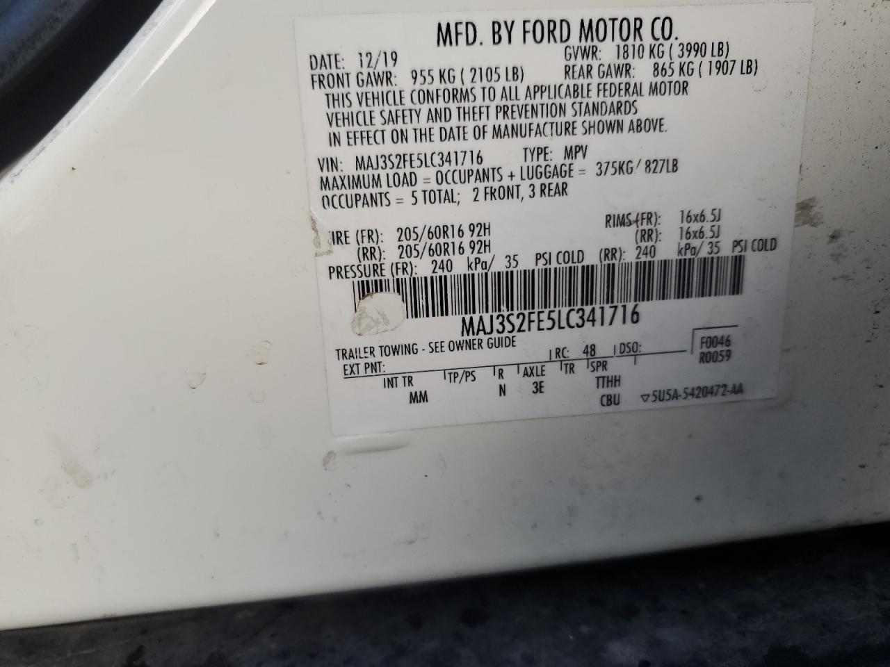 2020 Ford Ecosport S VIN: MAJ3S2FE5LC341716 Lot: 93292805