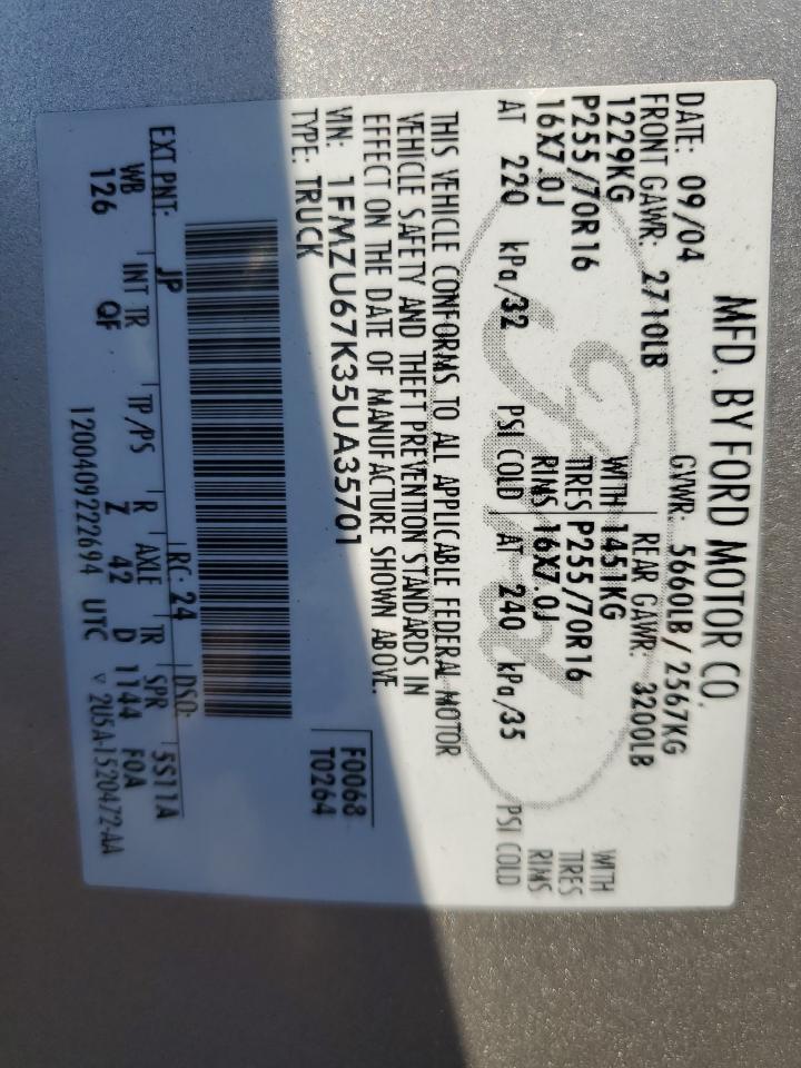 2005 Ford Explorer Sport Trac VIN: 1FMZU67K35UA35701 Lot: 93121965