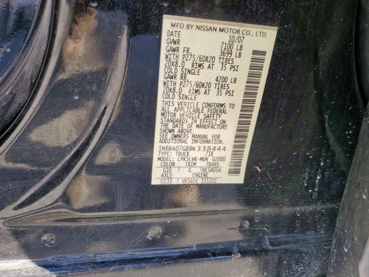 2008 Nissan Titan Xe VIN: 1N6BA07G88N338444 Lot: 90477535