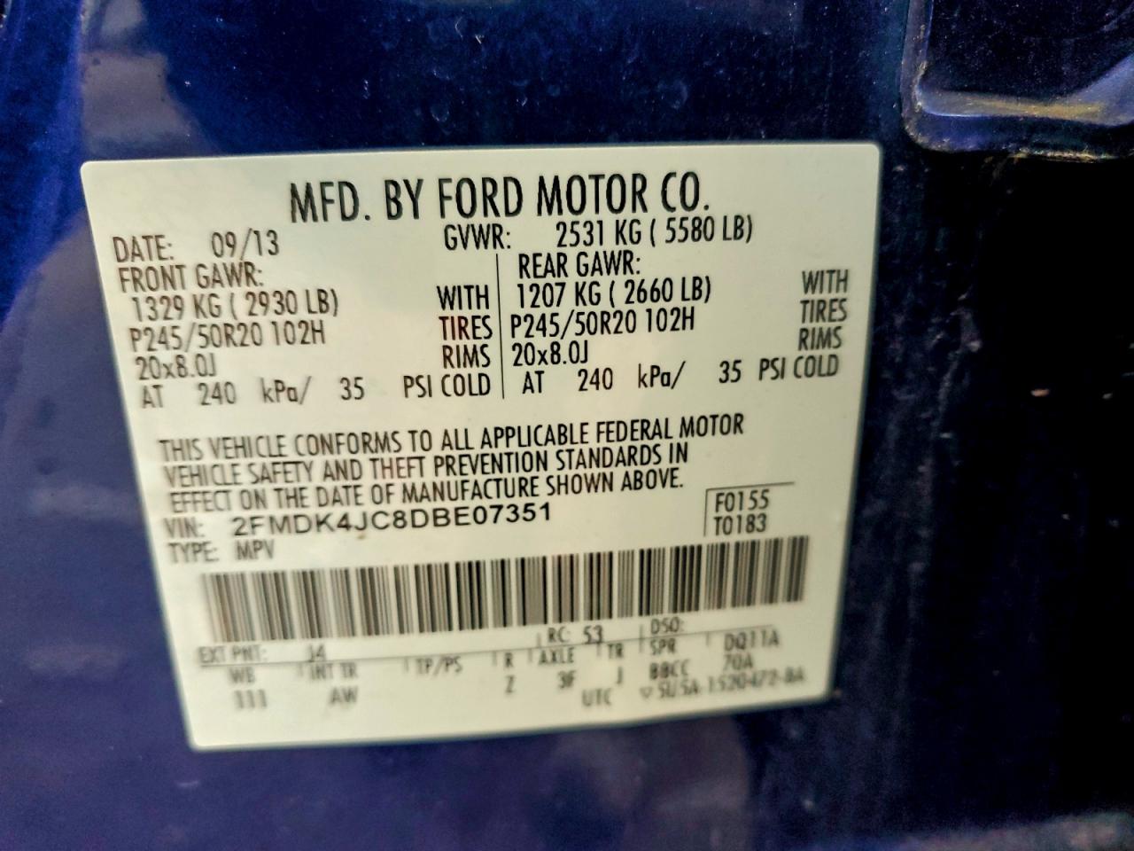 2013 Ford Edge Sel VIN: 2FMDK4JC8DBE07351 Lot: 93764435