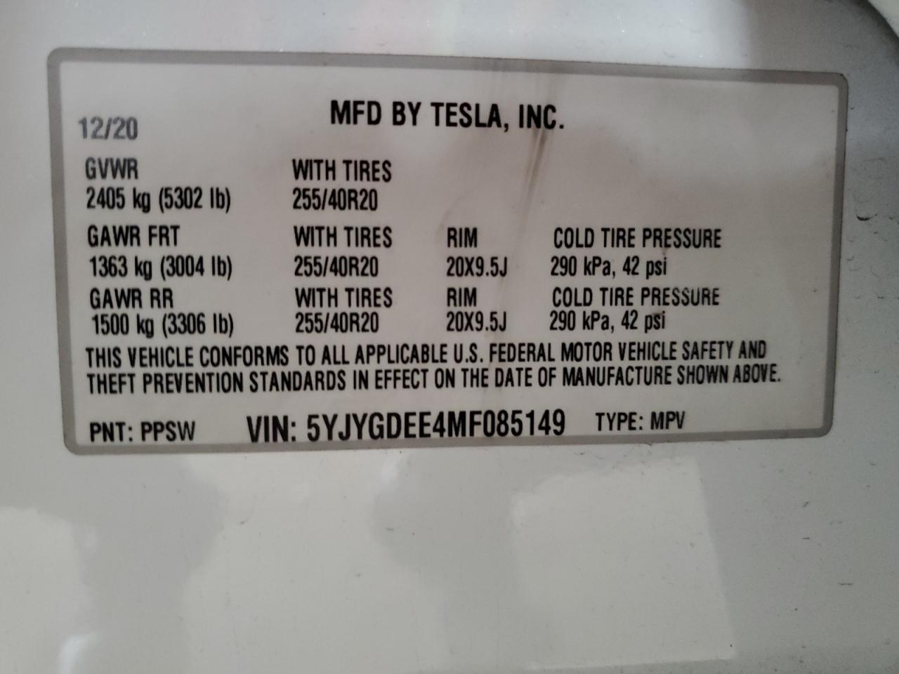 2021 Tesla Model Y VIN: 5YJYGDEE4MF085149 Lot: 92913495