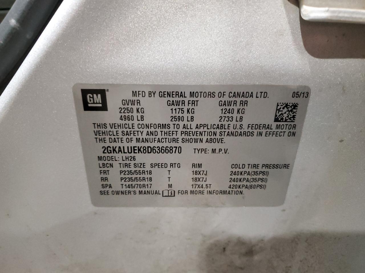 2013 GMC Terrain Slt VIN: 2GKALUEK8D6366870 Lot: 92230735