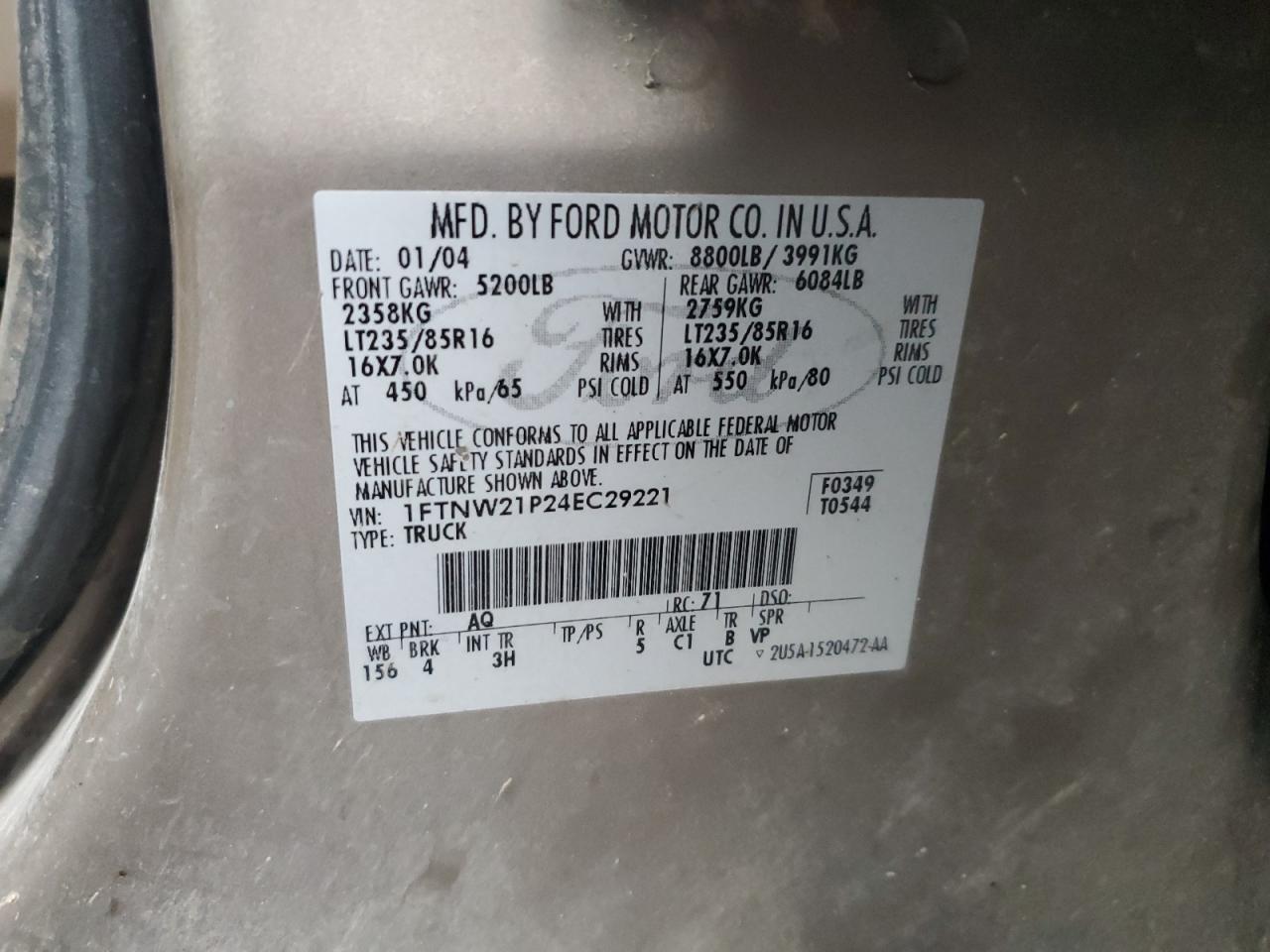 2004 Ford F250 Super Duty VIN: 1FTNW21P24EC29221 Lot: 92903805